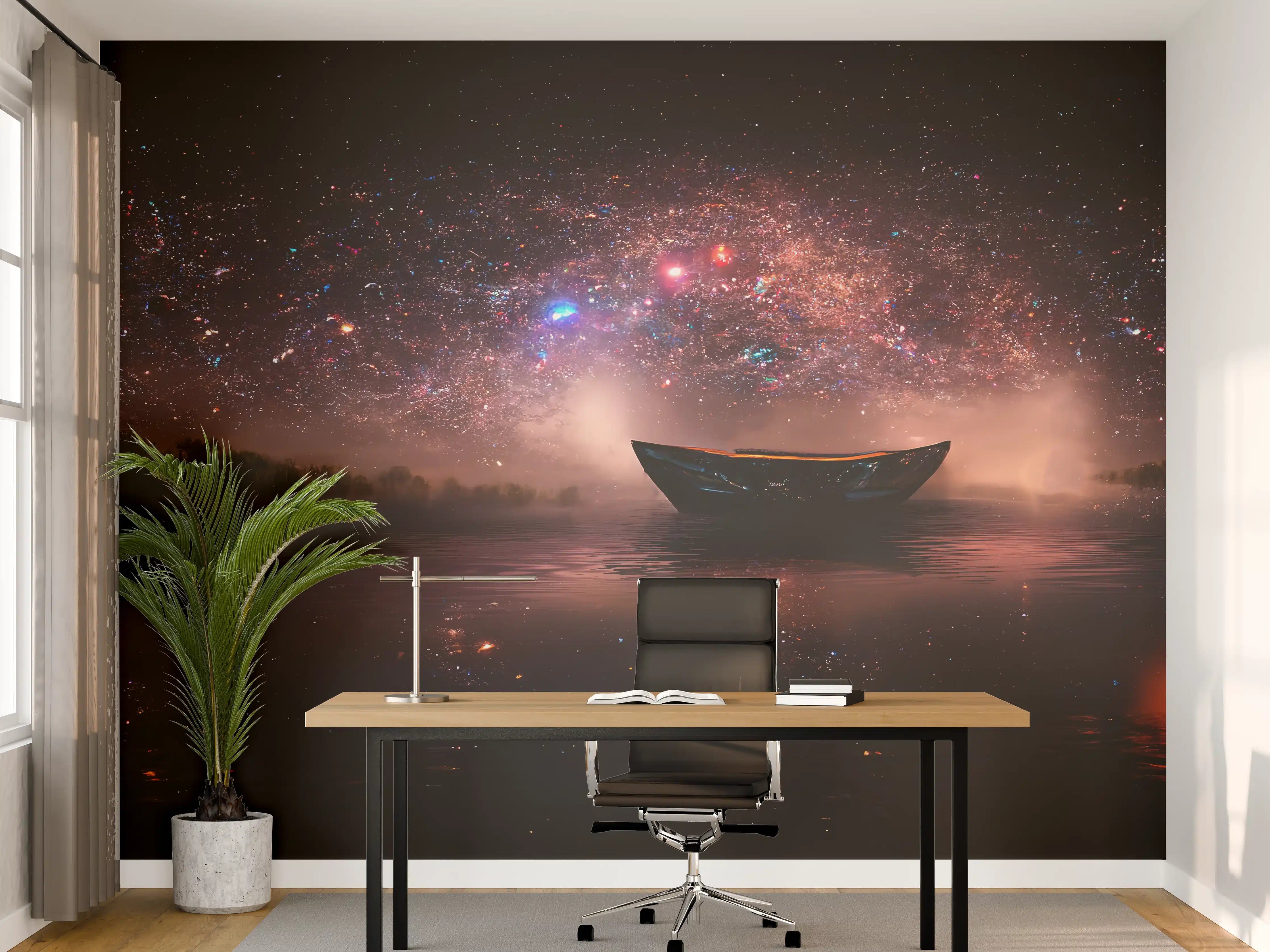 Büro Wandgestaltung - Sternenhimmel Boot Nachtsee