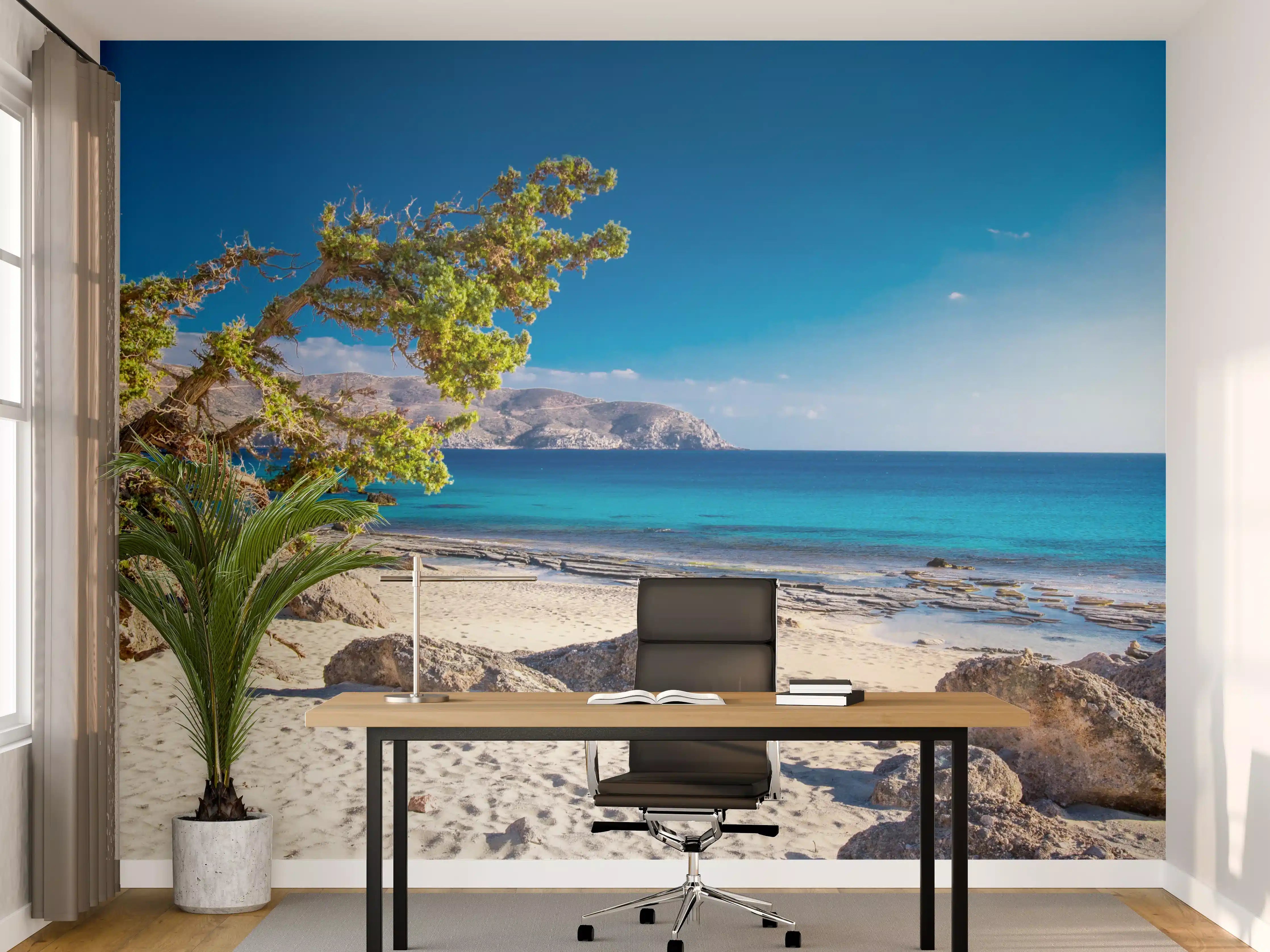 Büro Wandgestaltung - Strand mit wankenden Bäumen unter blauem Himmel