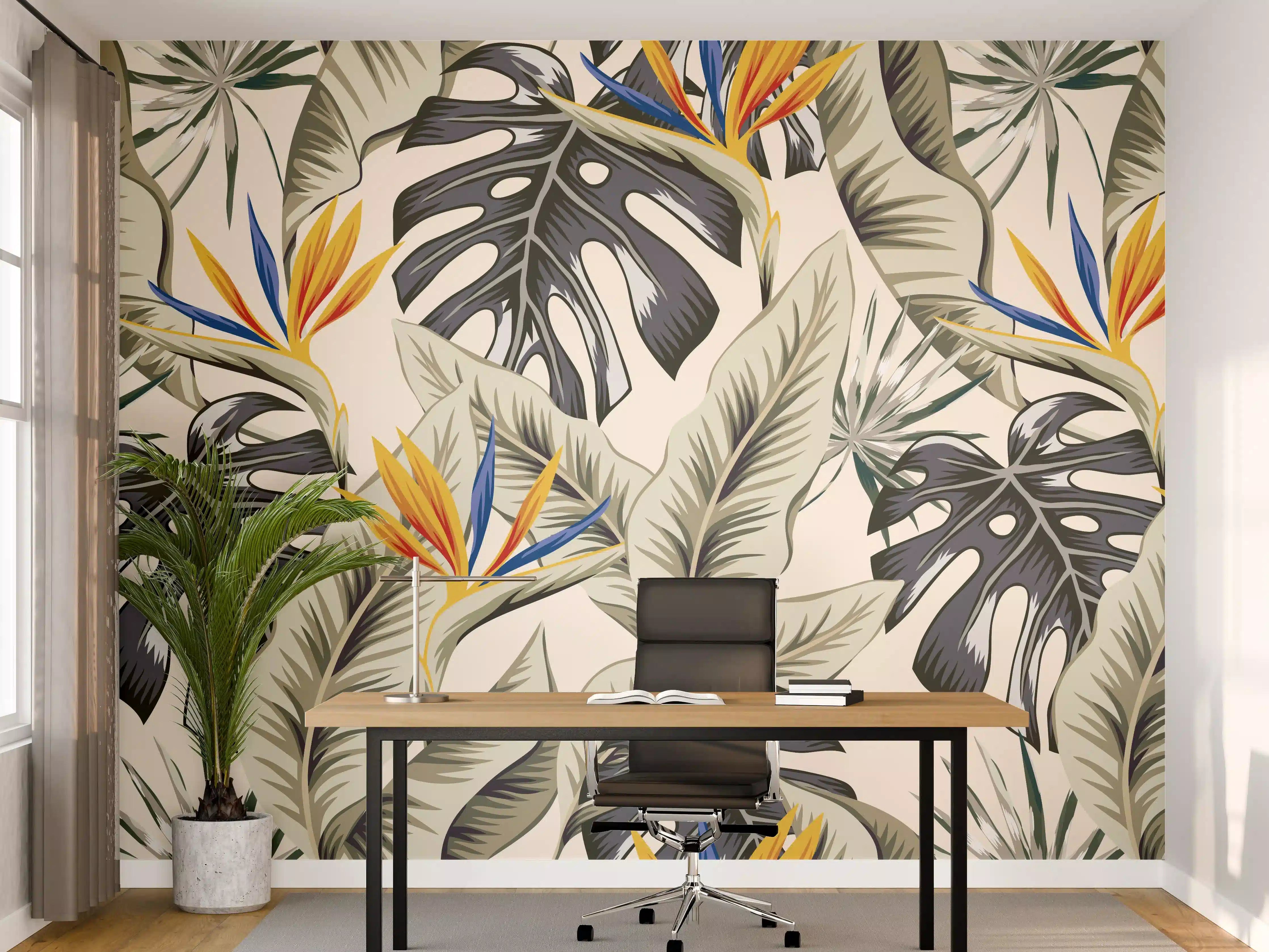 Büro Wandgestaltung - Strelitzia Tropenblätter Beige-Orange