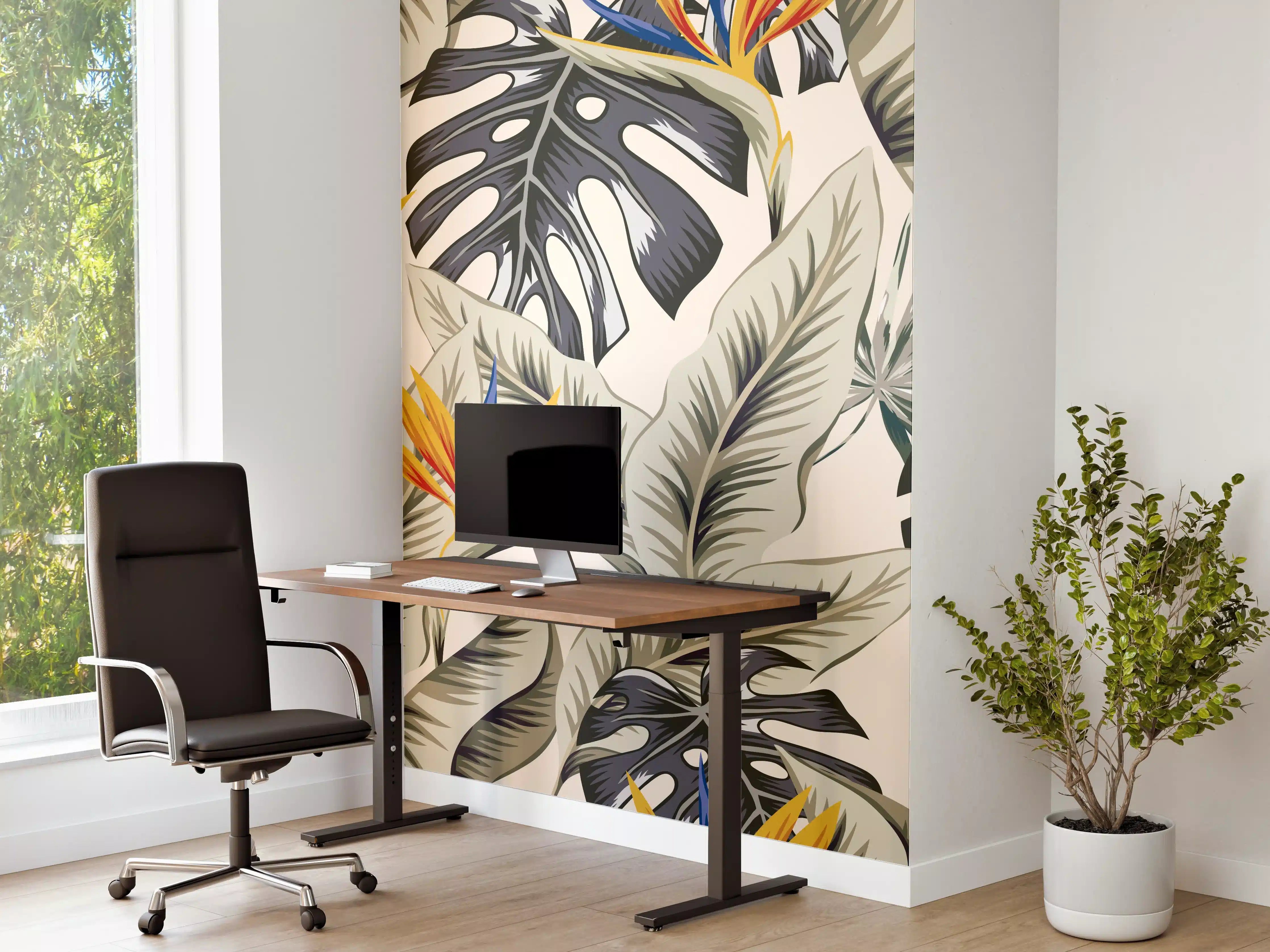 Büro Wandgestaltung - Strelitzia Tropenblätter Beige-Orange