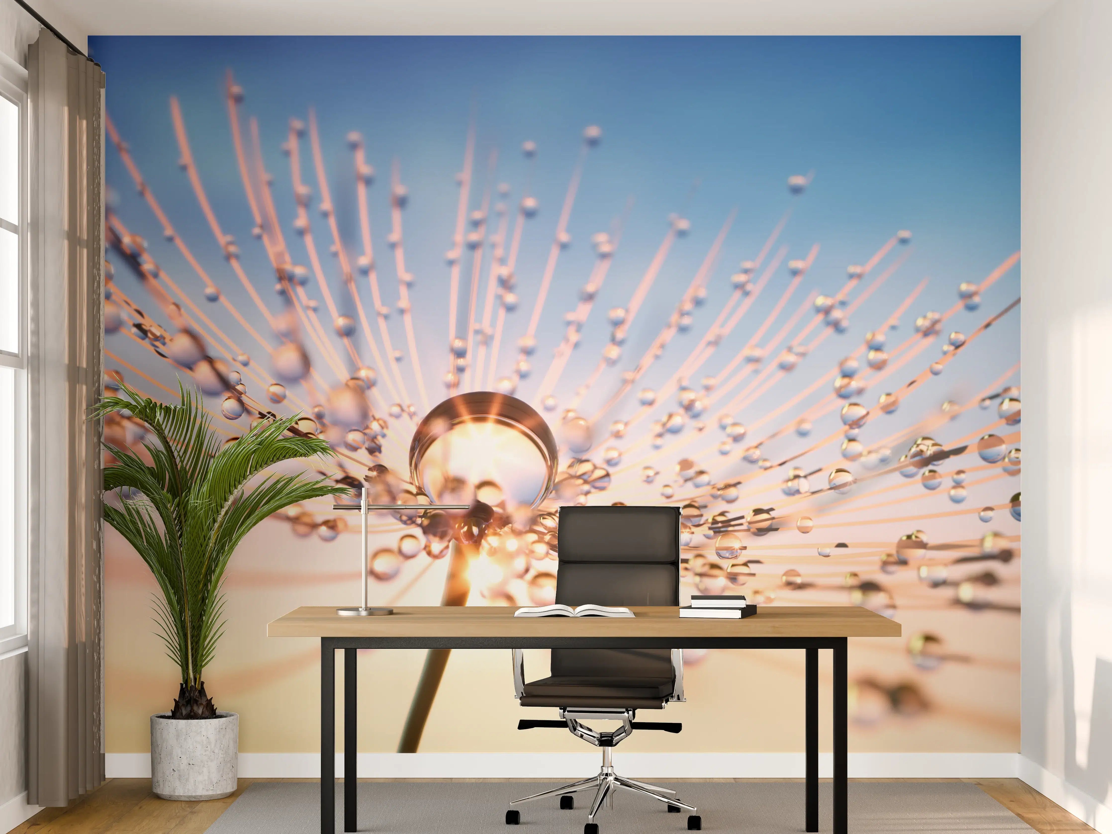 Büro Wandgestaltung - Tautropfen auf einer Blumenwiese bei Sonnenaufgang