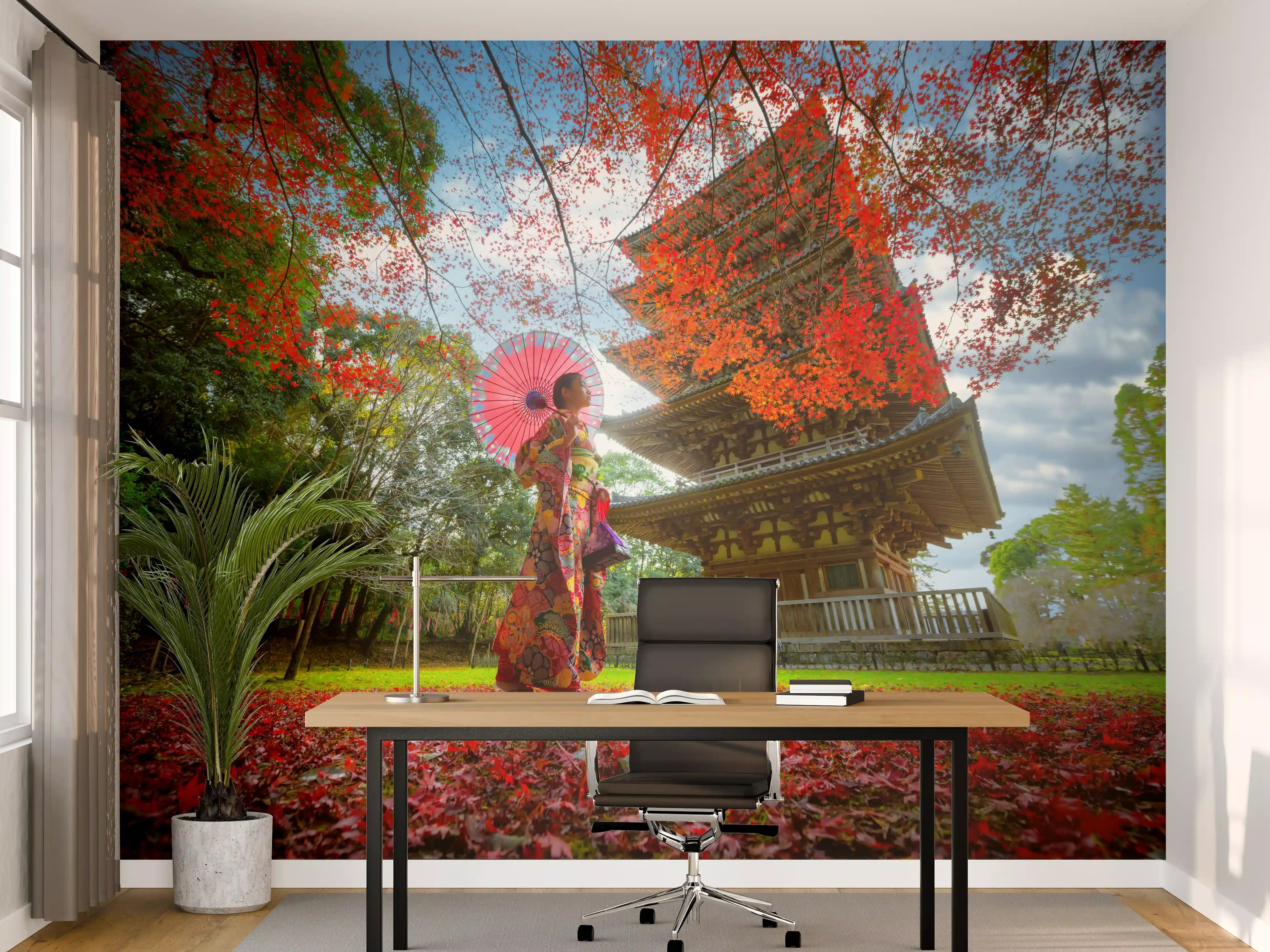 Büro Wandgestaltung - Tempel in Japan in Herbstlicher Landschaft
