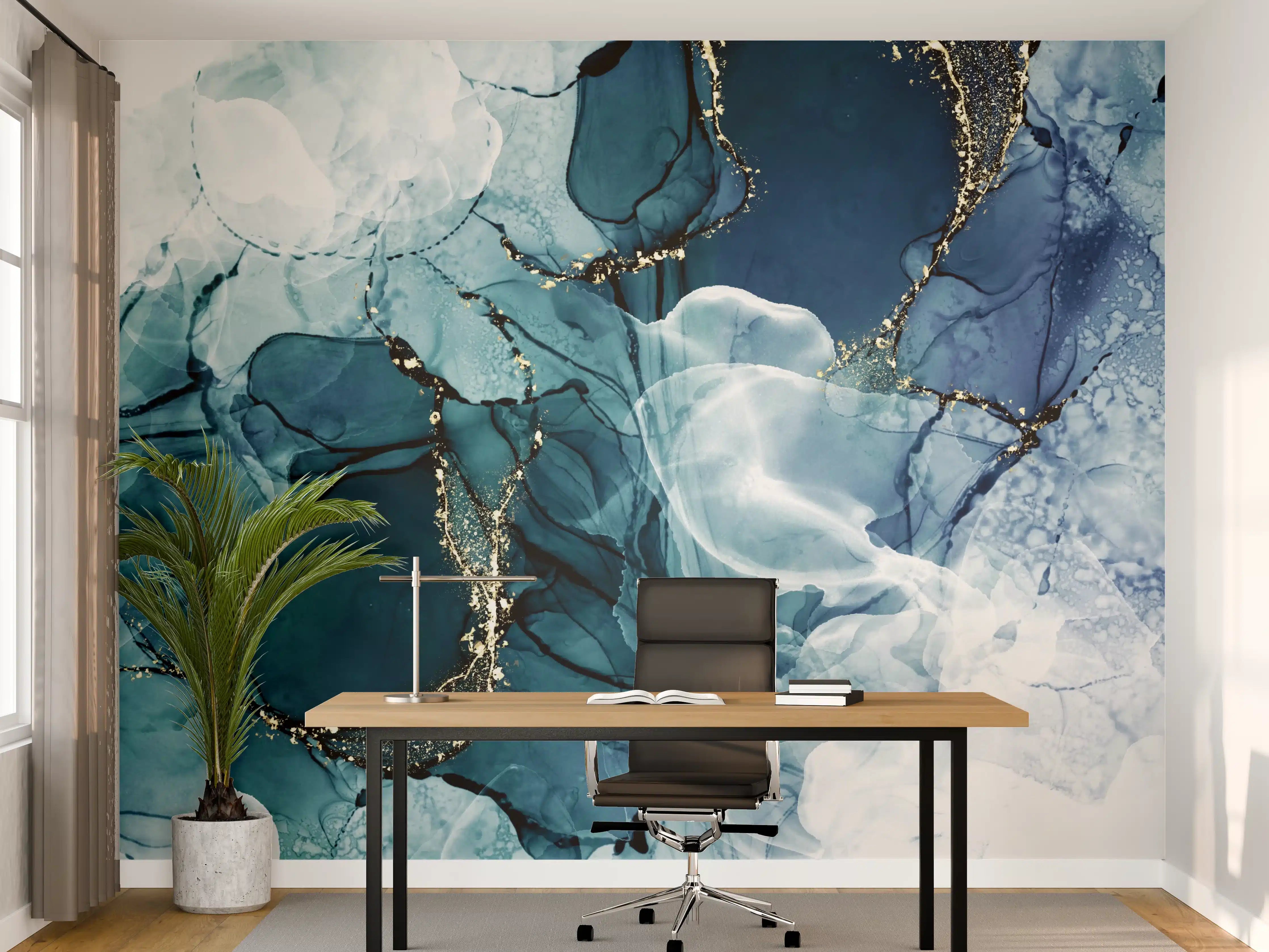 Büro Wandgestaltung - Tiefblaues Fluid-Art Design