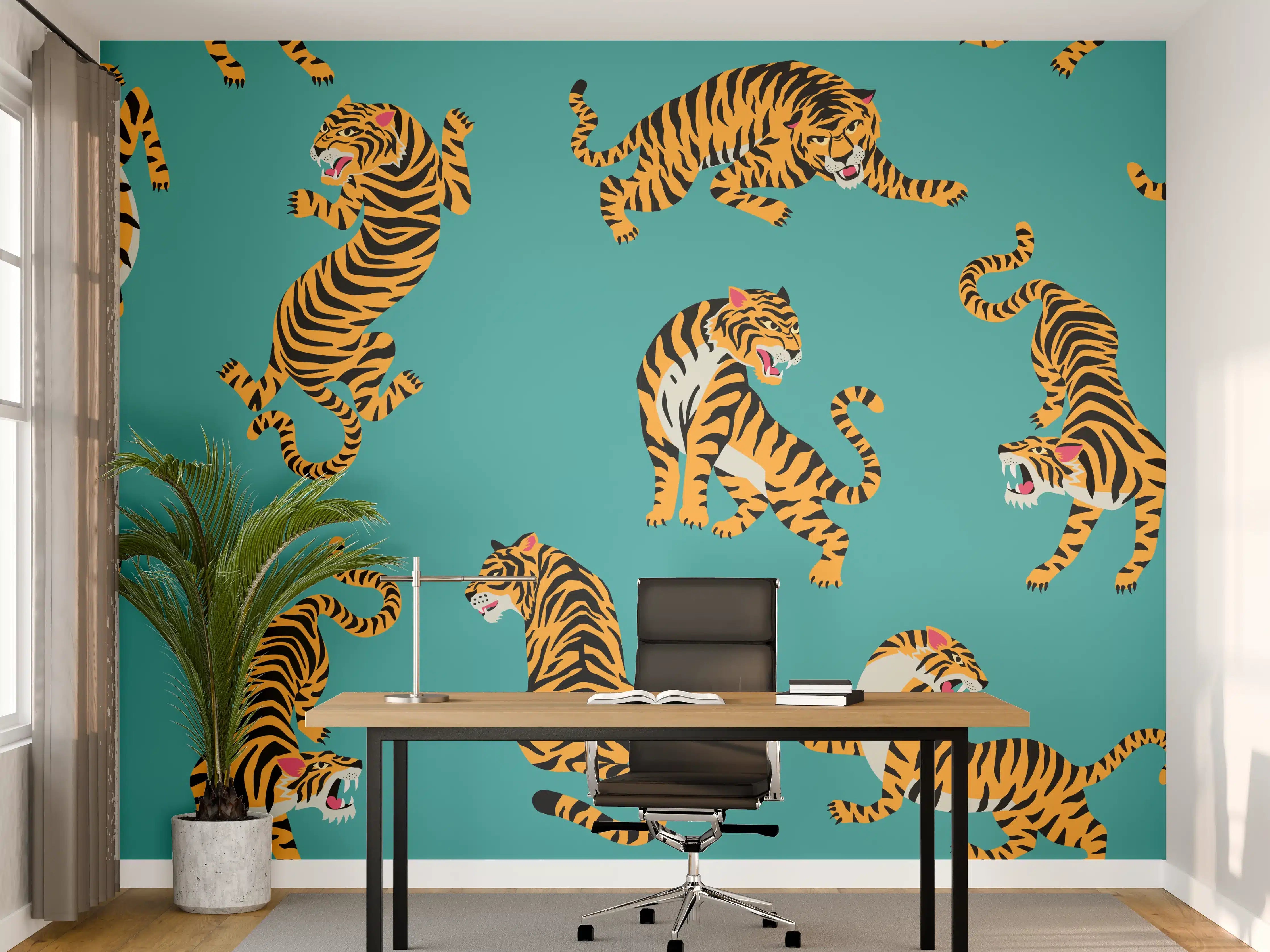 Büro Wandgestaltung - Tiger im Muster auf türkisfarbenem Hintergrund