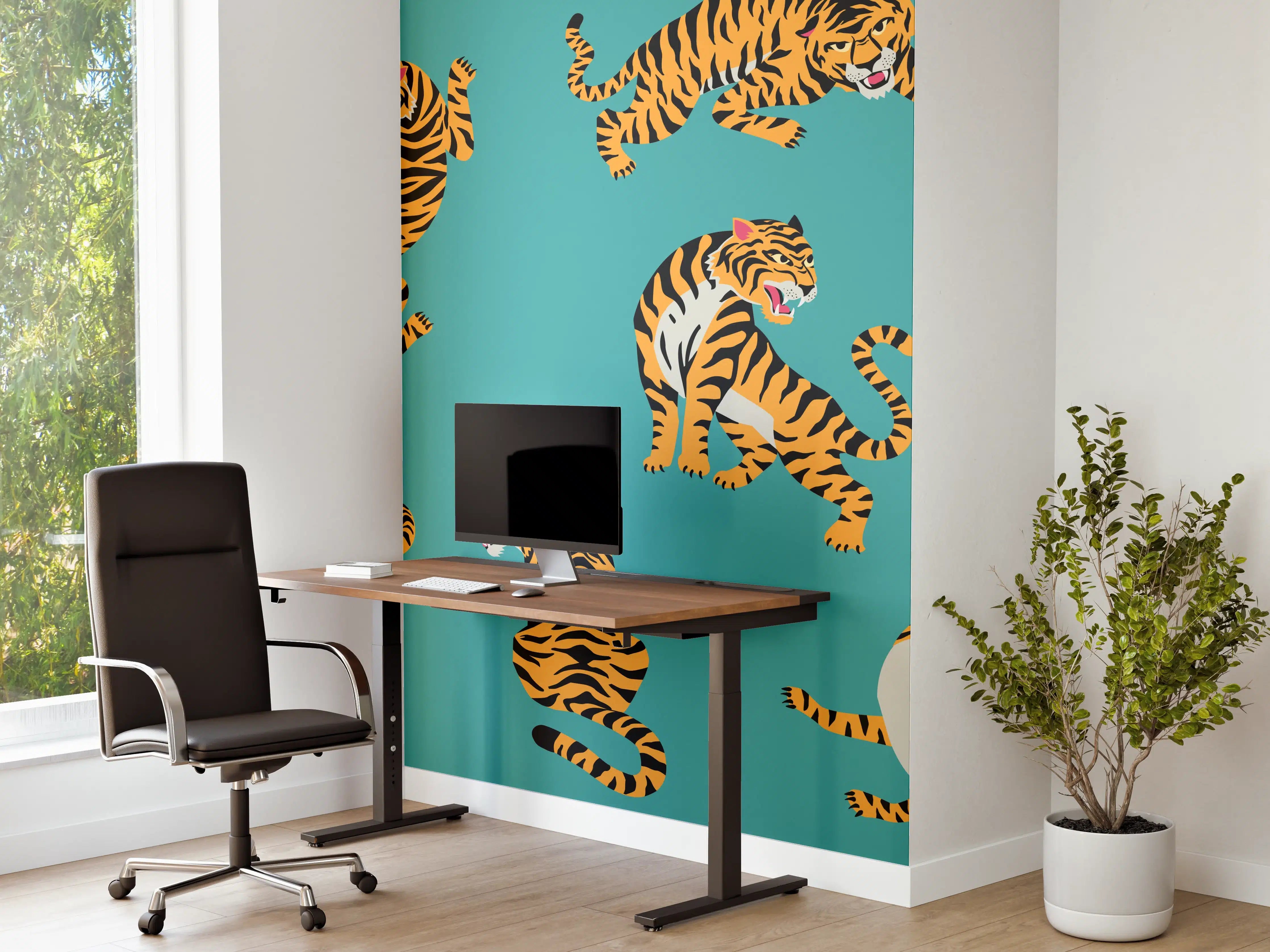Büro Wandgestaltung - Tiger im Muster auf türkisfarbenem Hintergrund