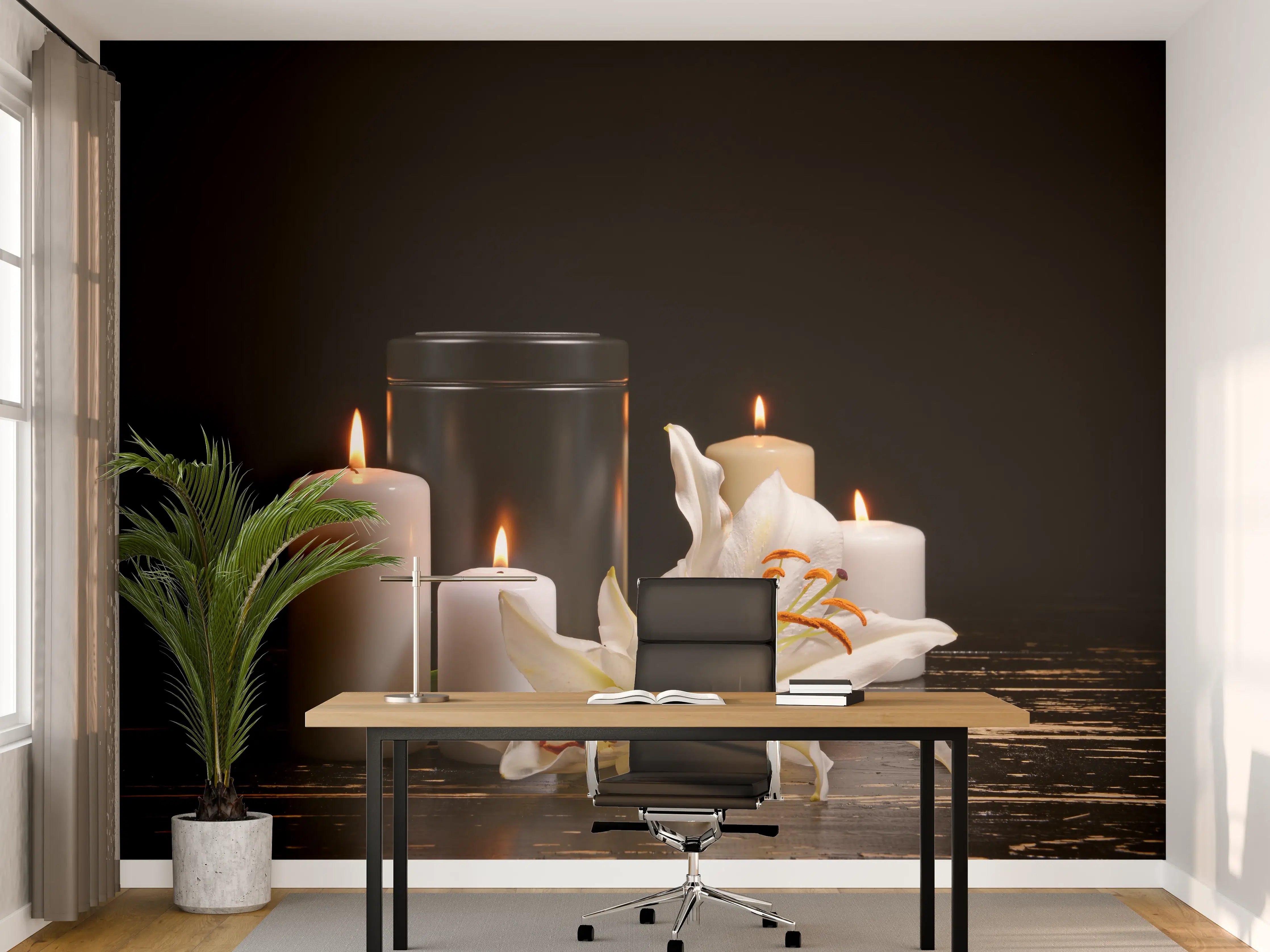 Büro Wandgestaltung - Totenurne mit Kerzen und Blume