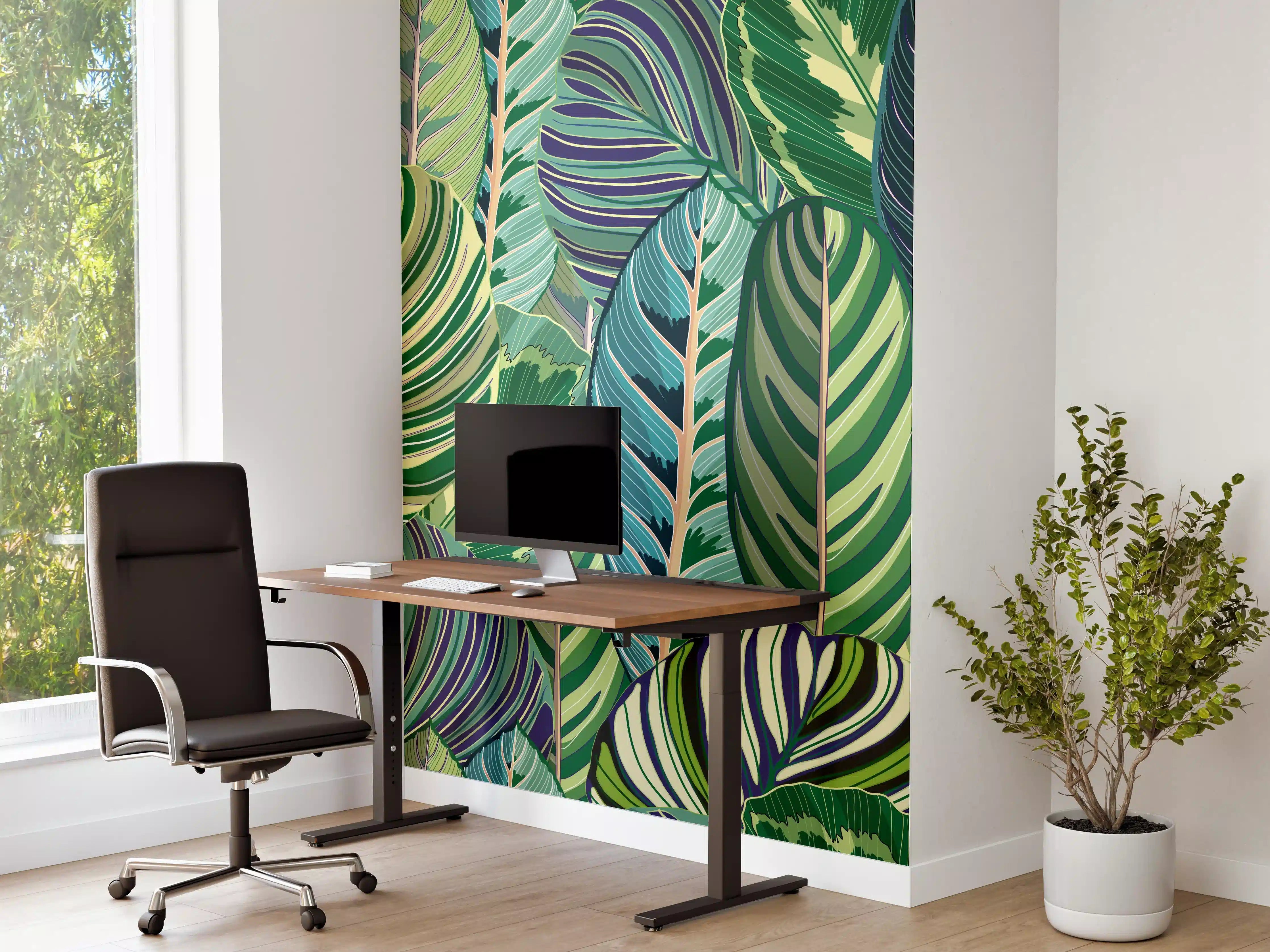Büro Wandgestaltung - Tropische Blätter Grün-Türkis-Lila