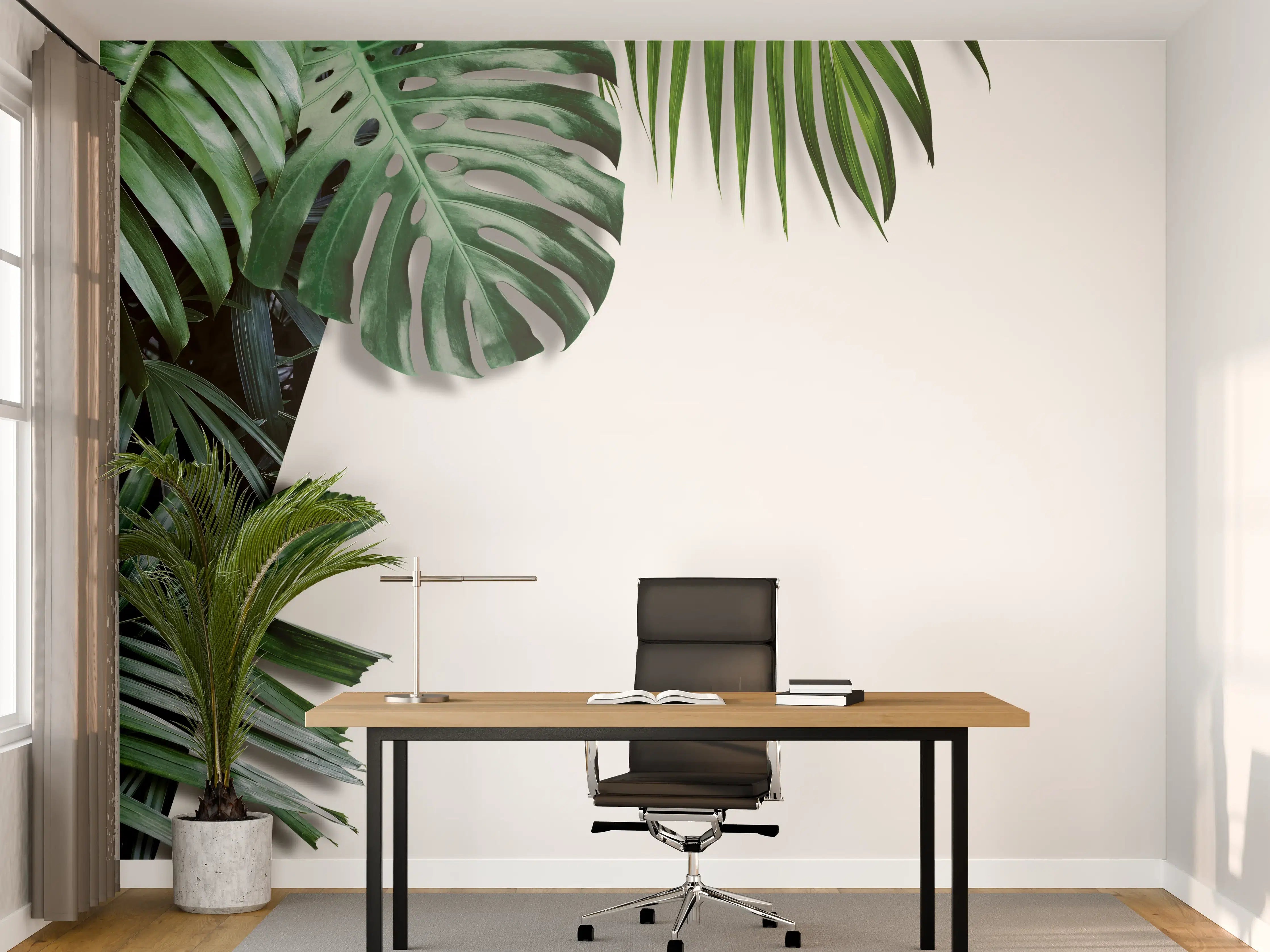 Büro Wandgestaltung - Tropische Blätter auf weißem Grund