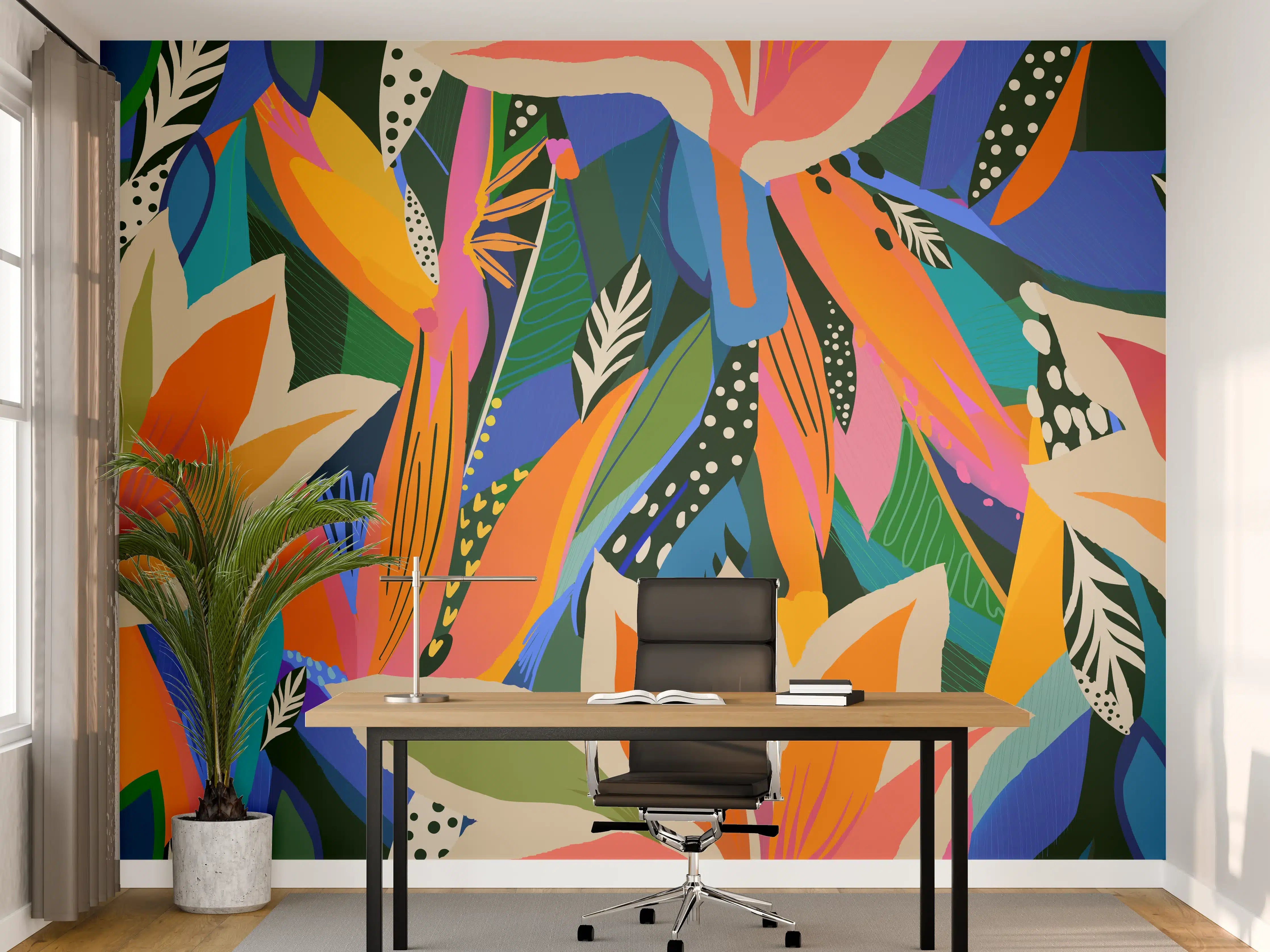 Büro Wandgestaltung - Tropische Blüten Blau-Orange-Grün