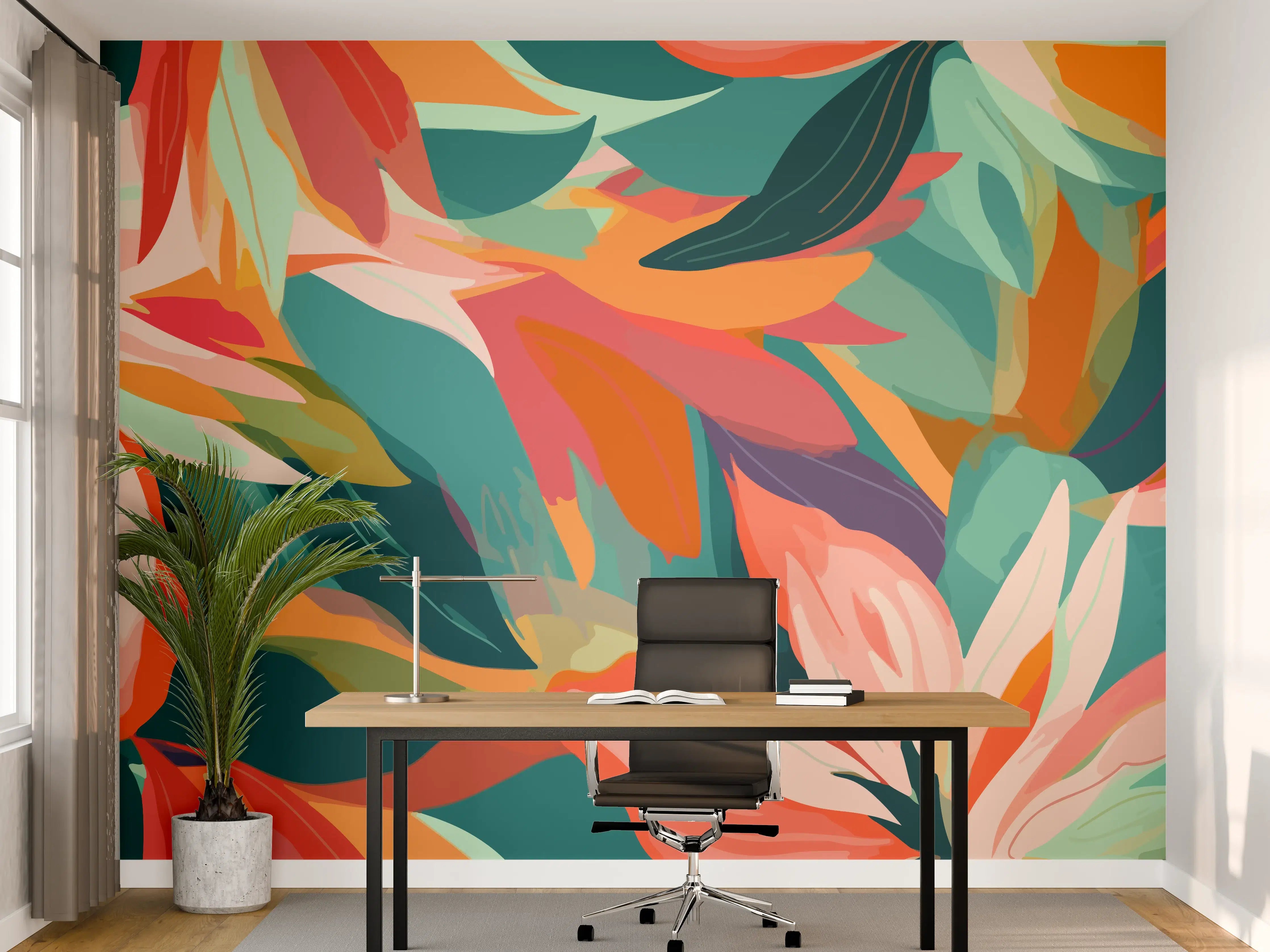Büro Wandgestaltung - Tropische Blüten Türkis Koralle