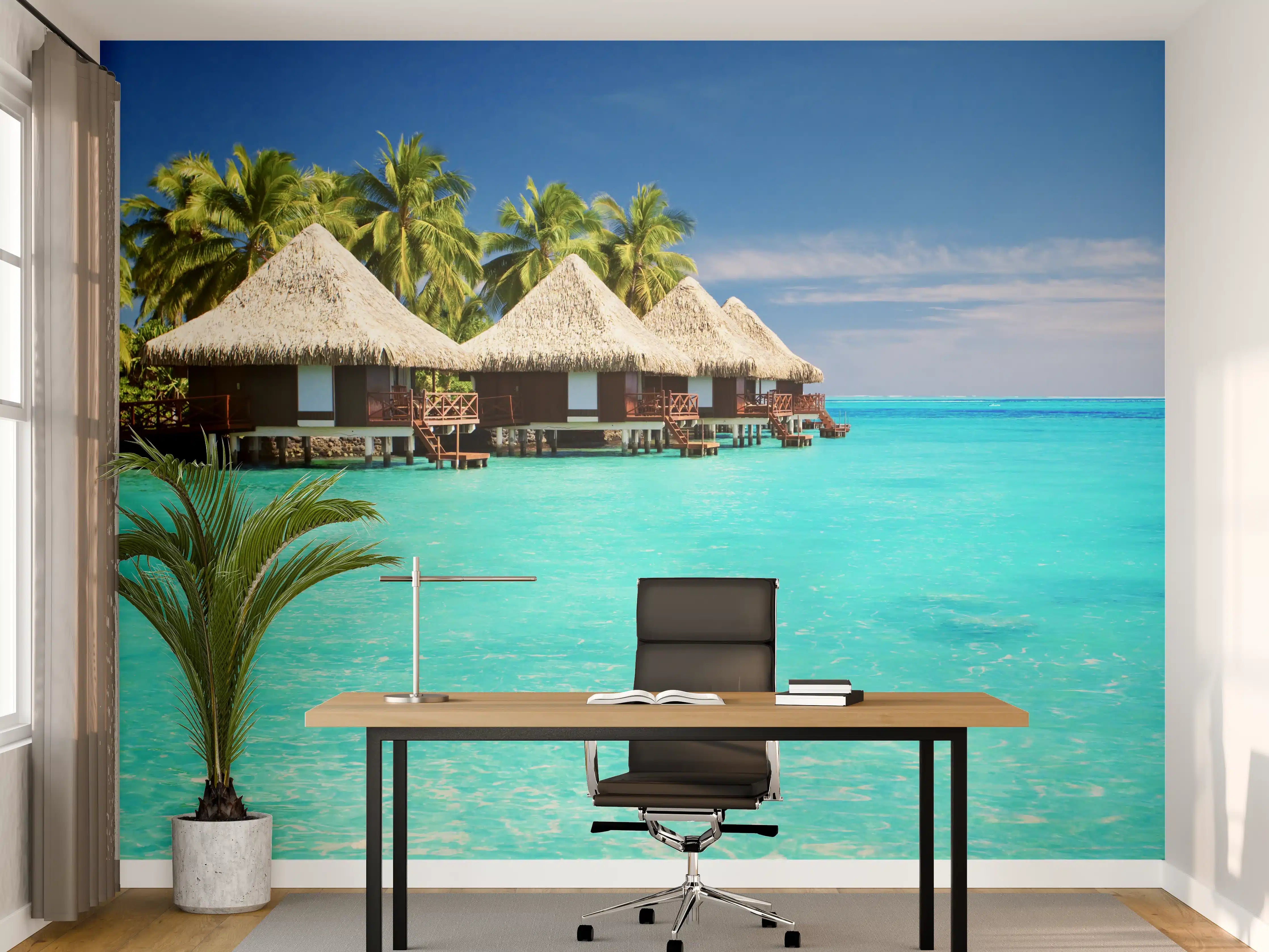 Büro Wandgestaltung - Tropische Lagune mit Bungalows
