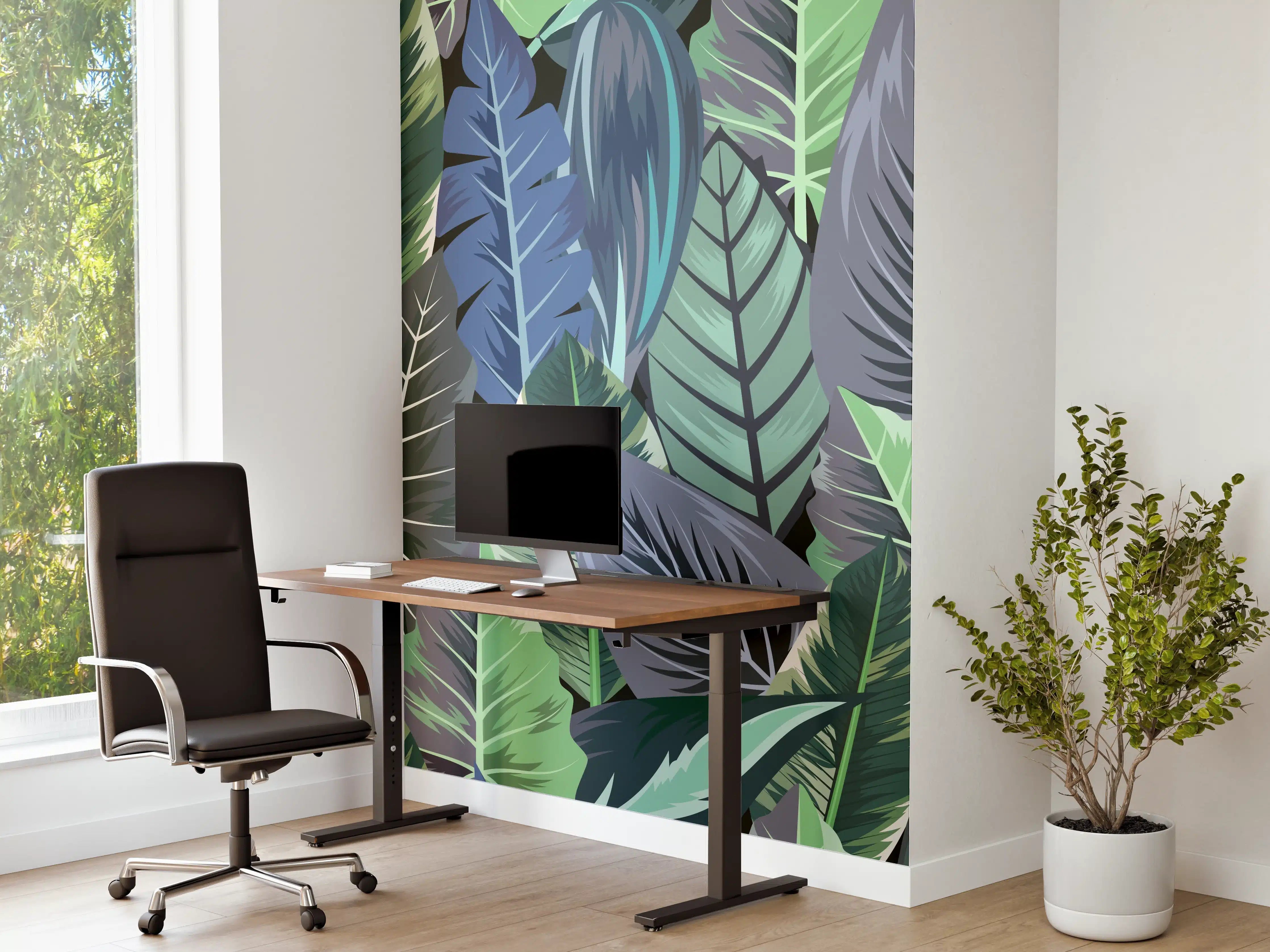 Büro Wandgestaltung - Tropisches Blatt-Labyrinth Grün-Blau