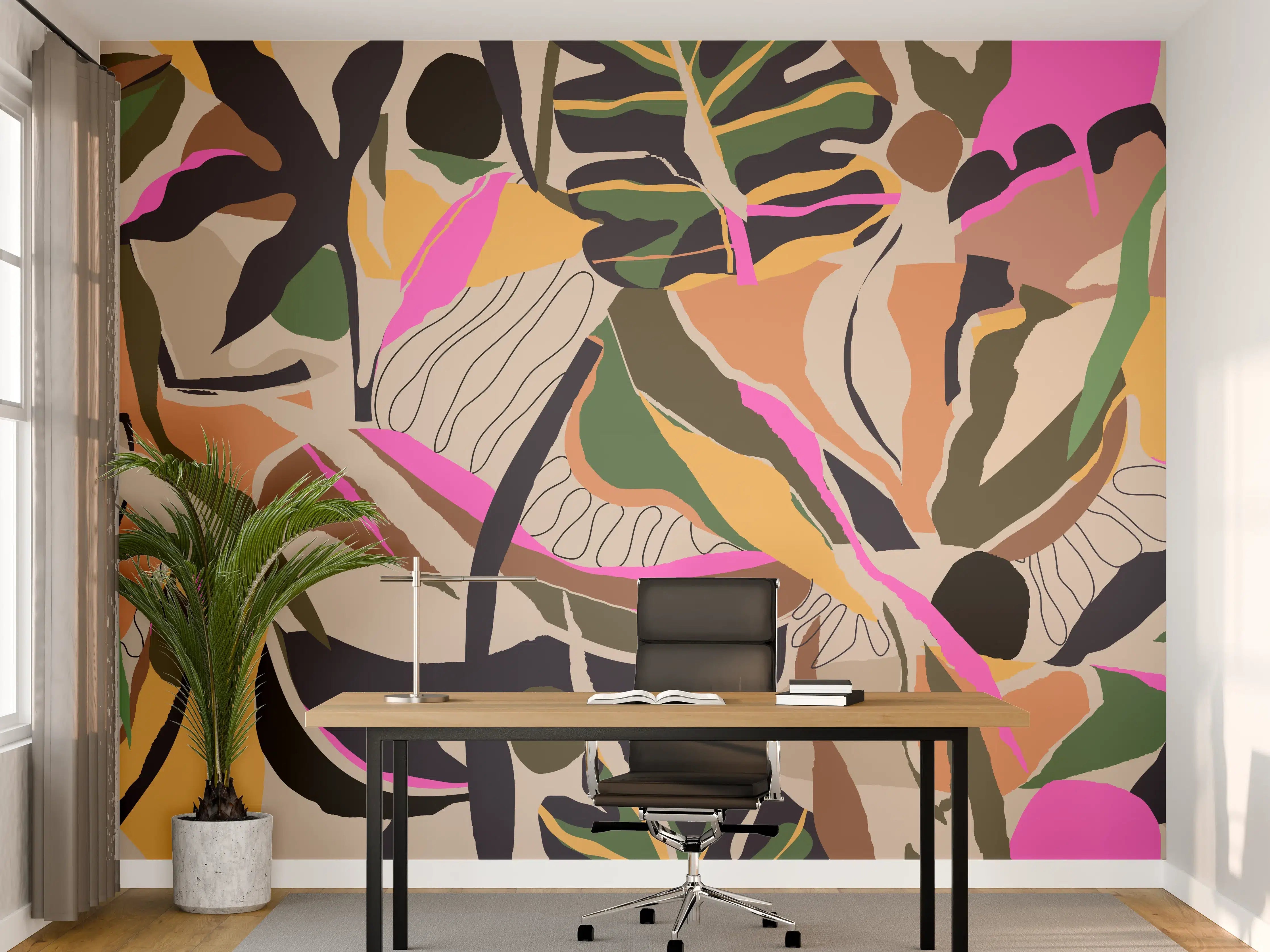 Büro Wandgestaltung - Tropisches Blattmuster Beige-Pink