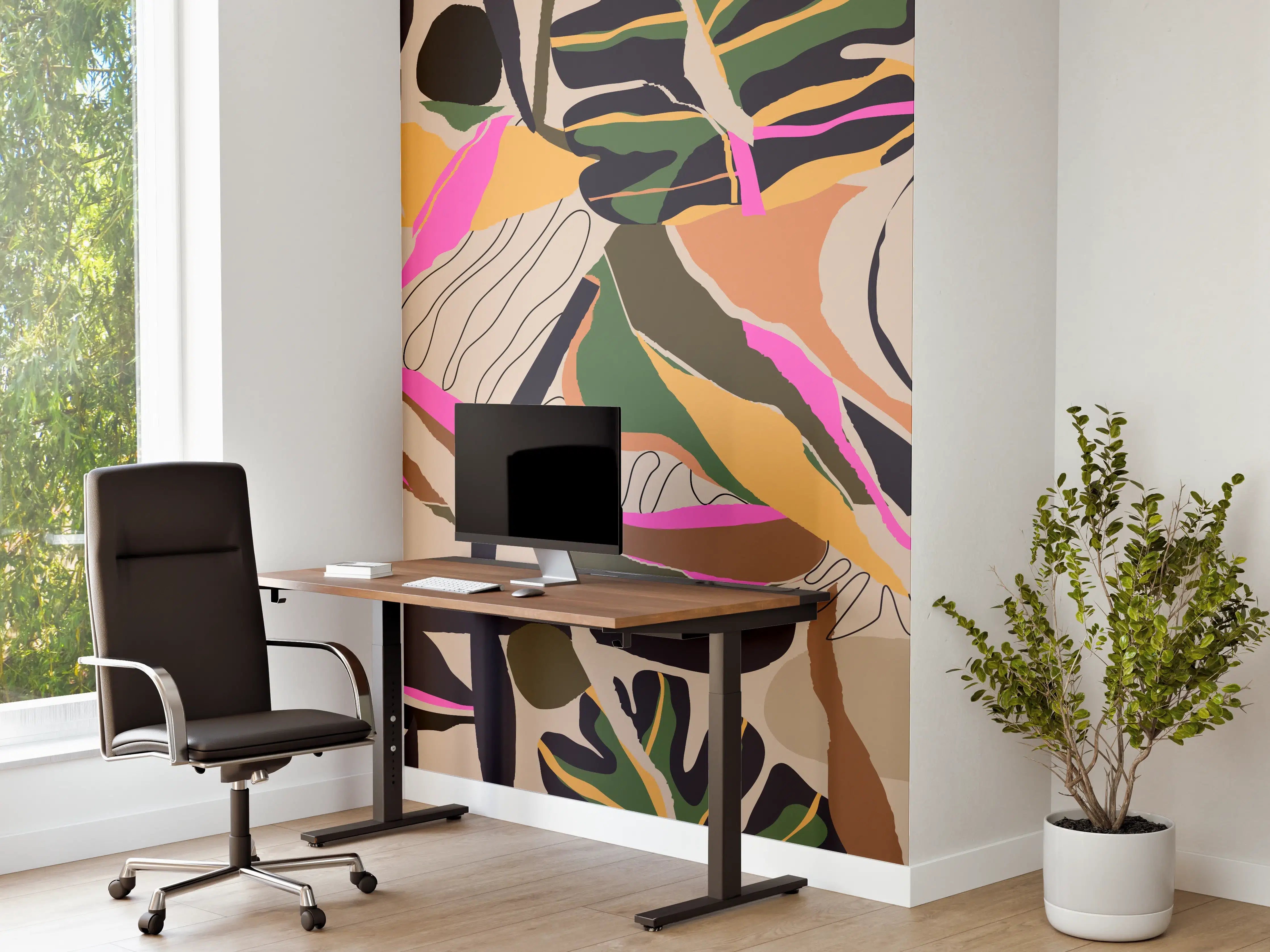 Büro Wandgestaltung - Tropisches Blattmuster Beige-Pink