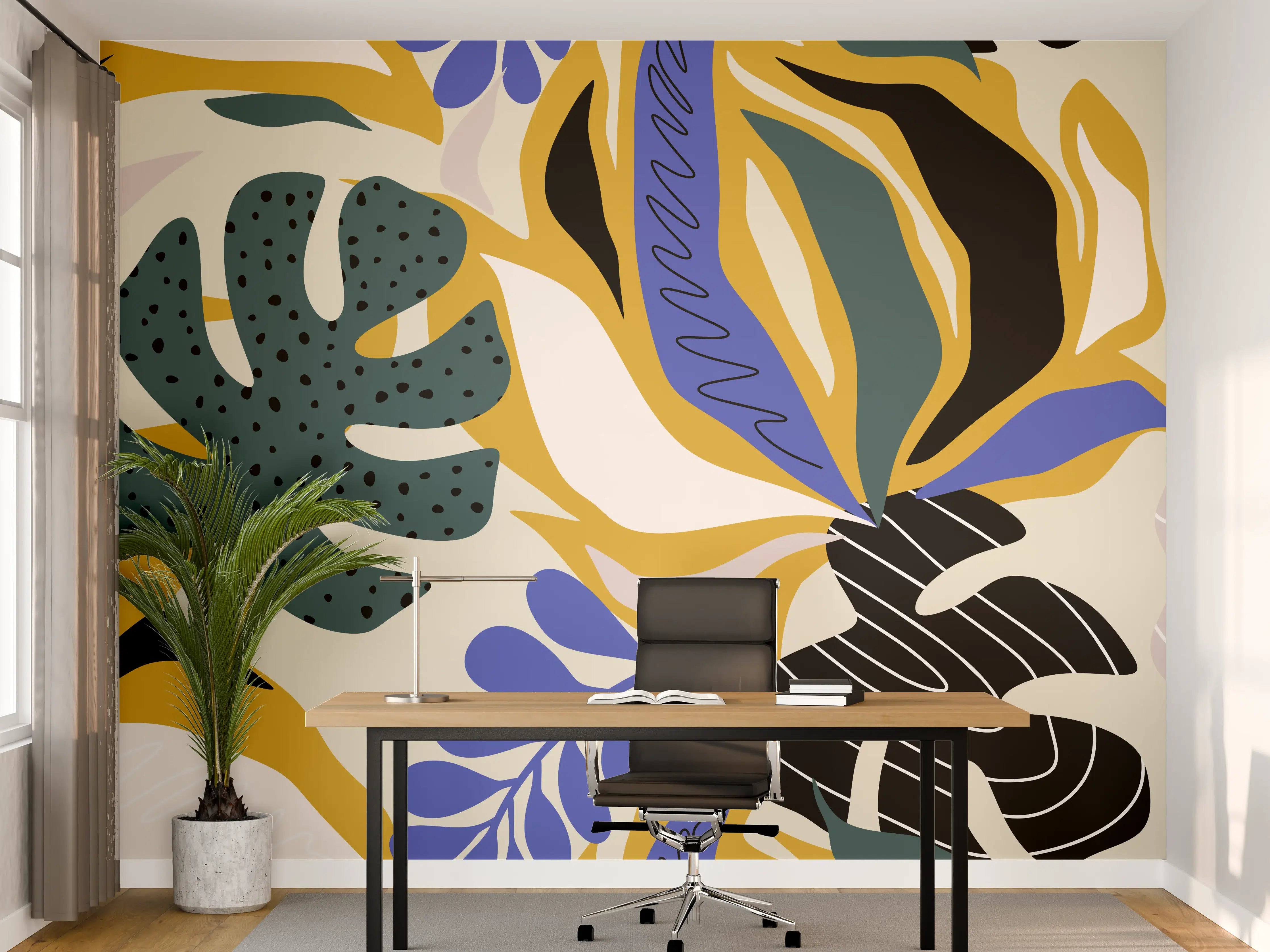 Büro Wandgestaltung - Tropisches Blattmuster Gelb-Blau