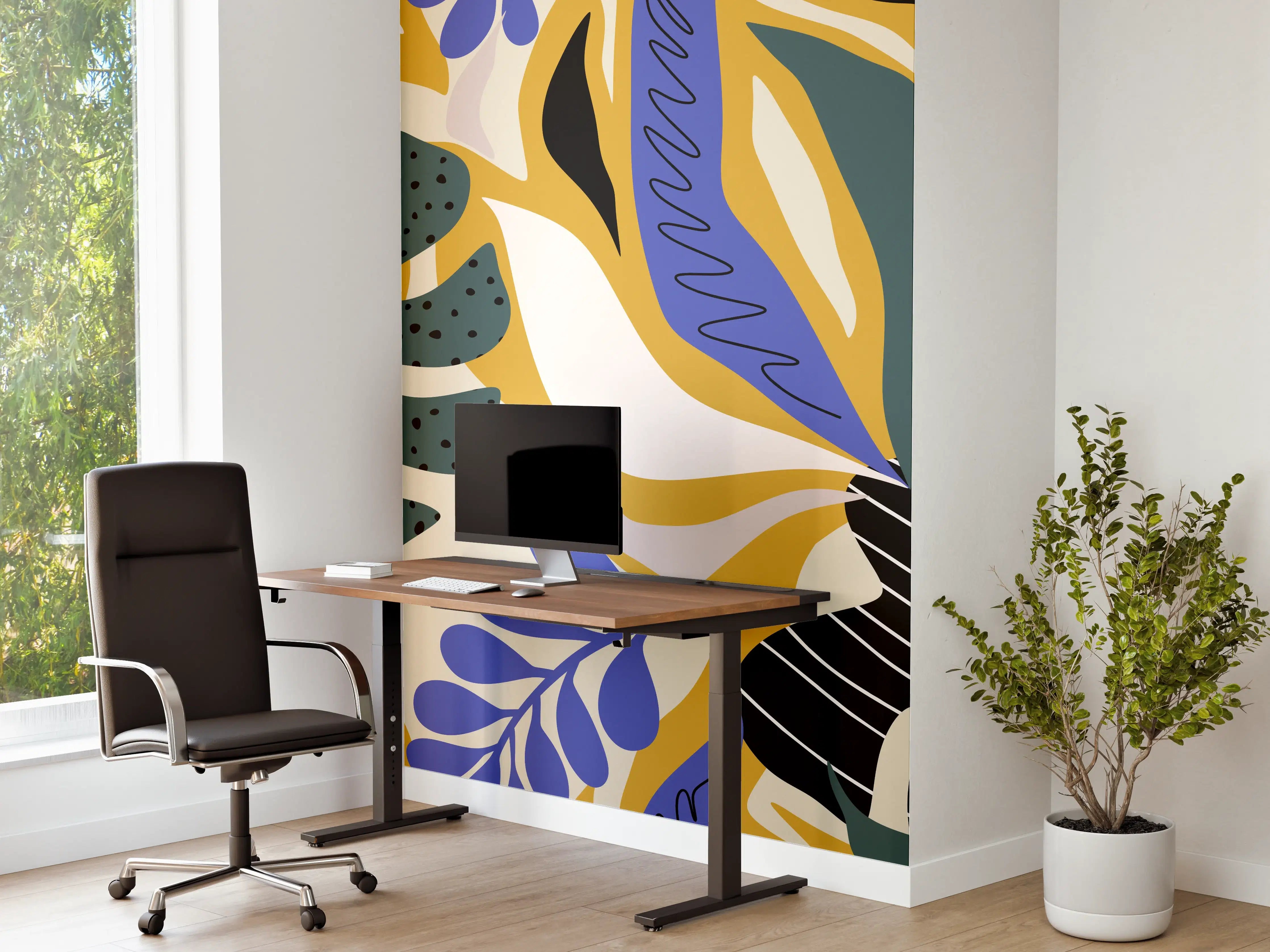 Büro Wandgestaltung - Tropisches Blattmuster Gelb-Blau
