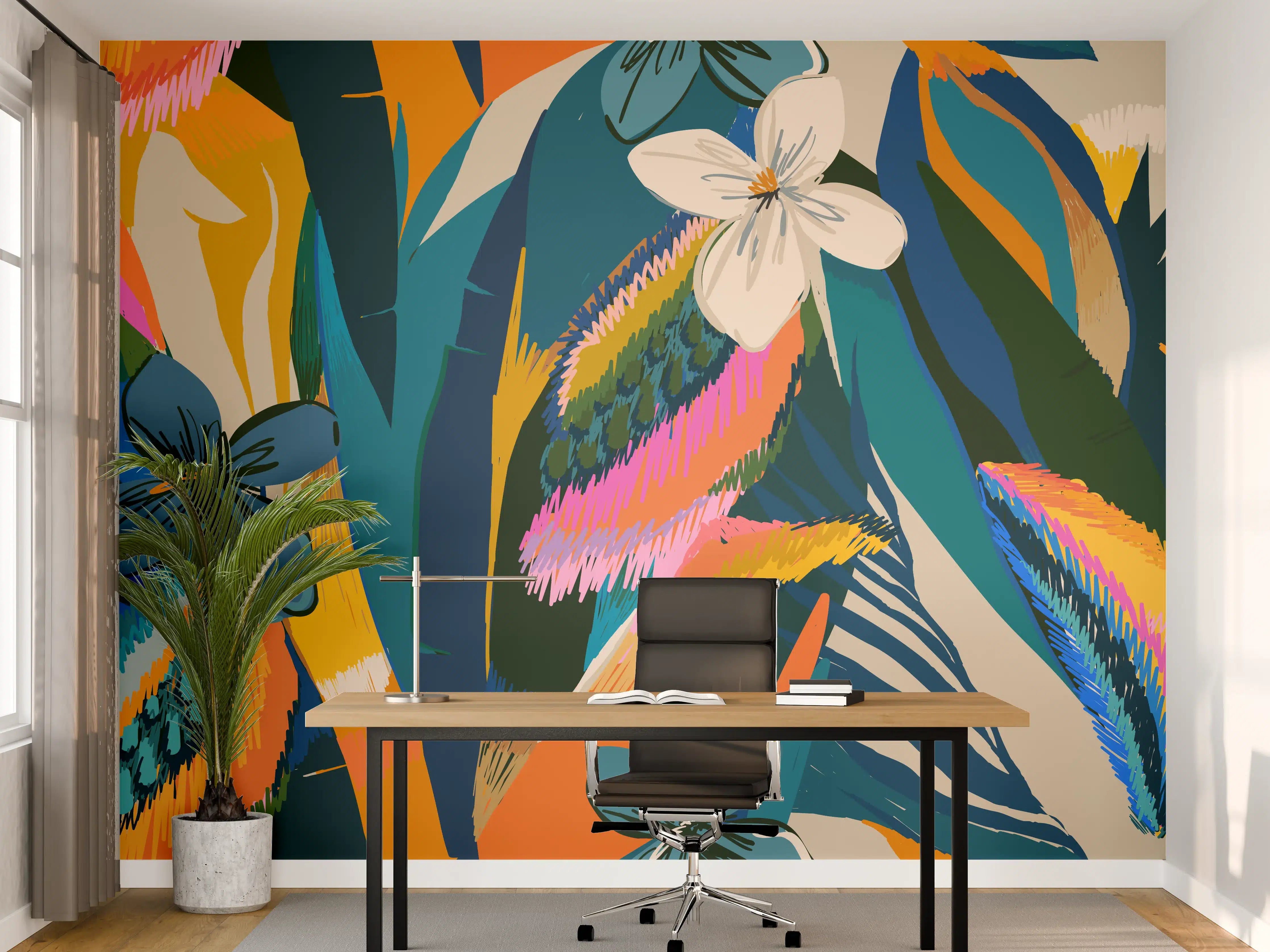 Büro Wandgestaltung - Tropisches Blumenmuster Blau-Orange