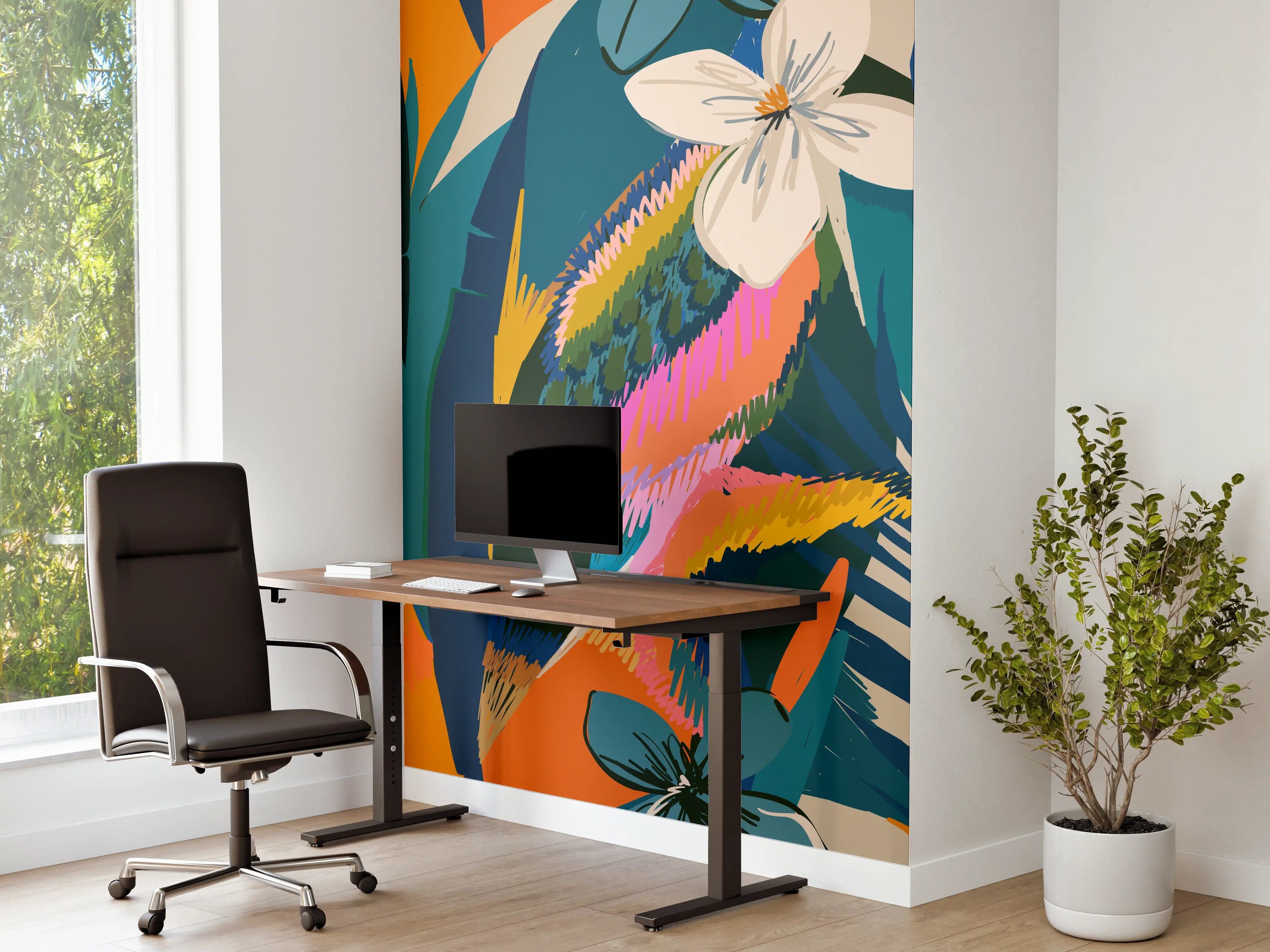 Büro Wandgestaltung - Tropisches Blumenmuster Blau-Orange