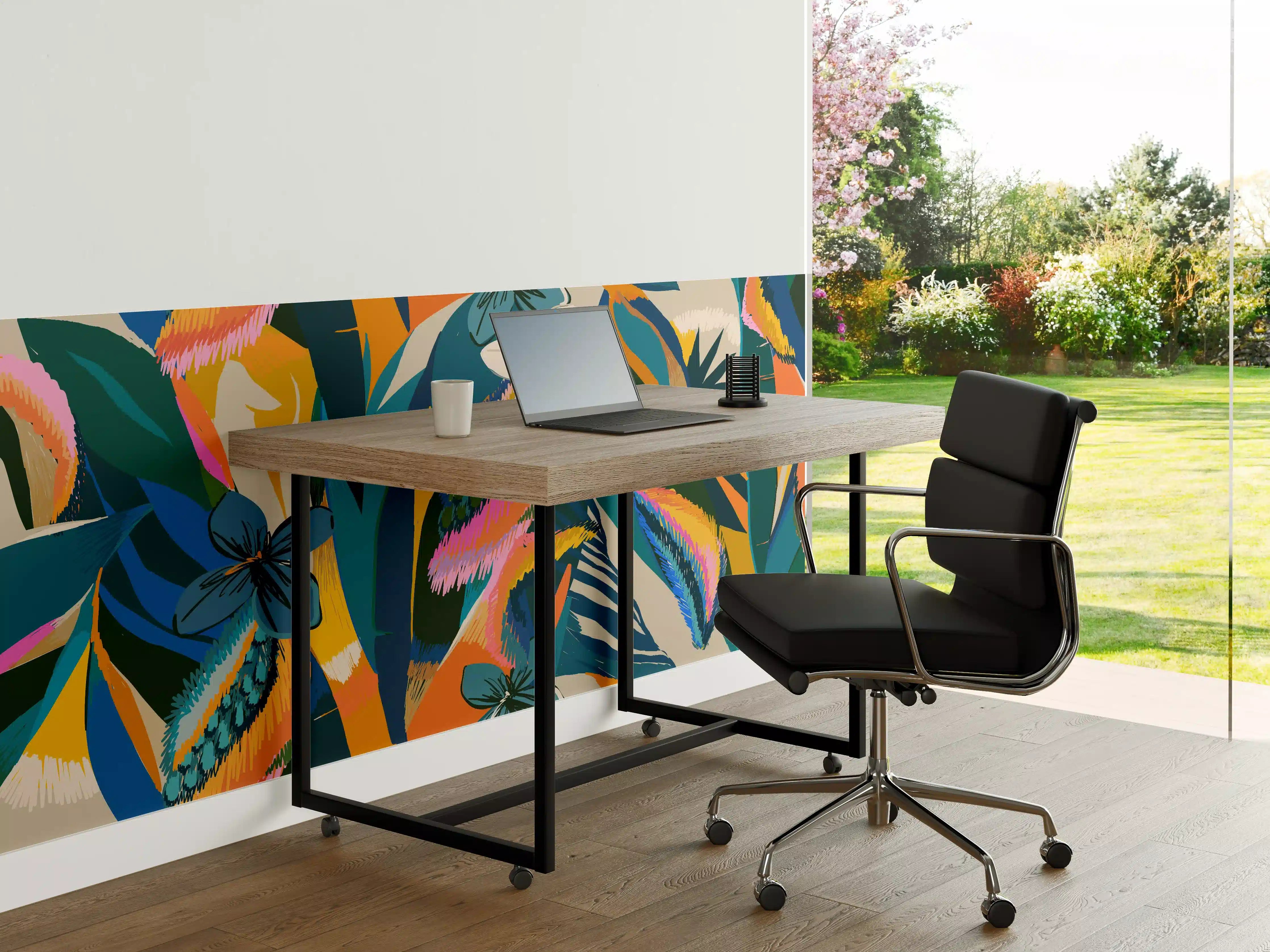 Büro Wandgestaltung - Tropisches Blumenmuster Blau-Orange