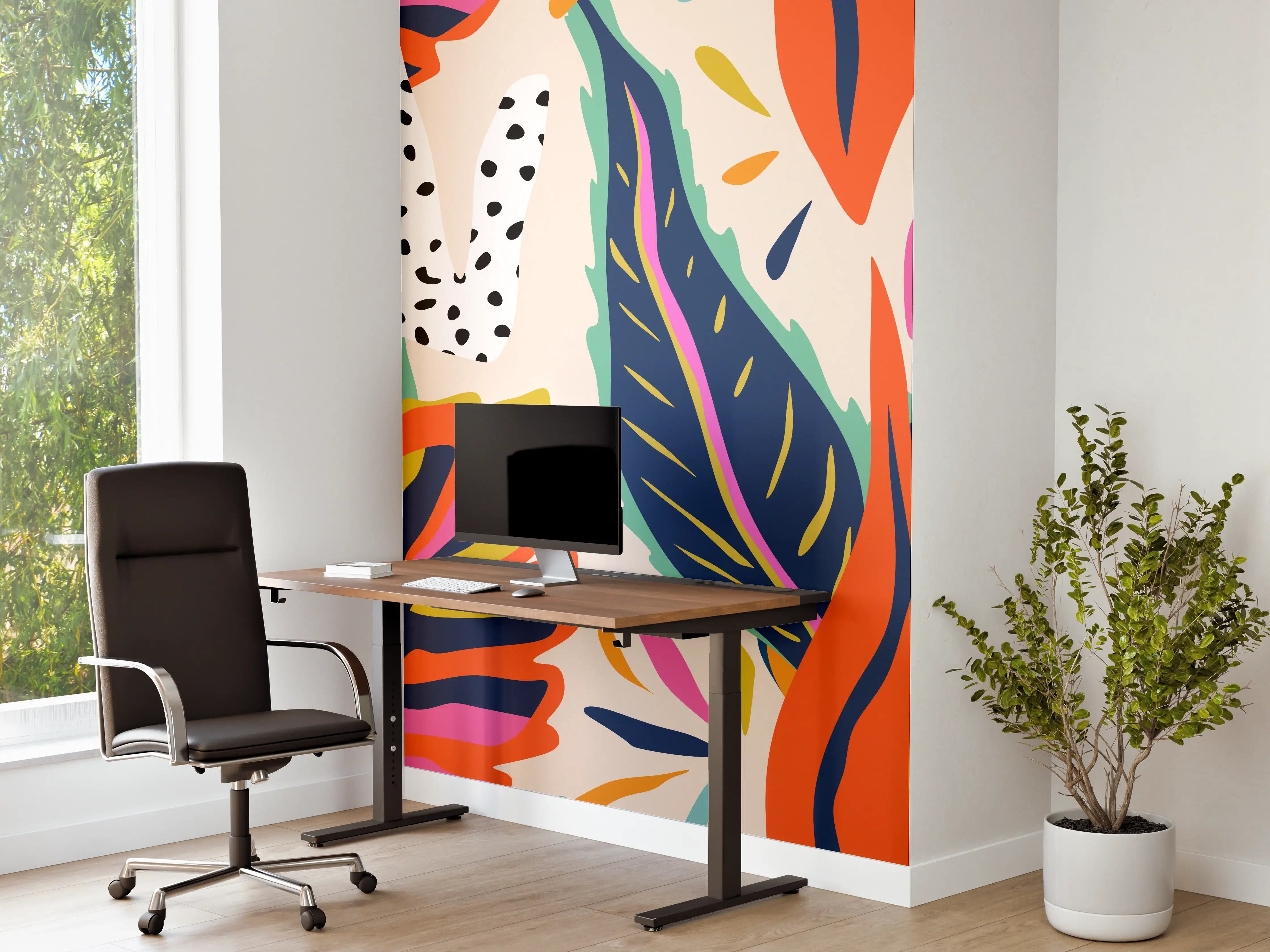 Büro Wandgestaltung - Tropisches Blumenmuster Orange-Türkis