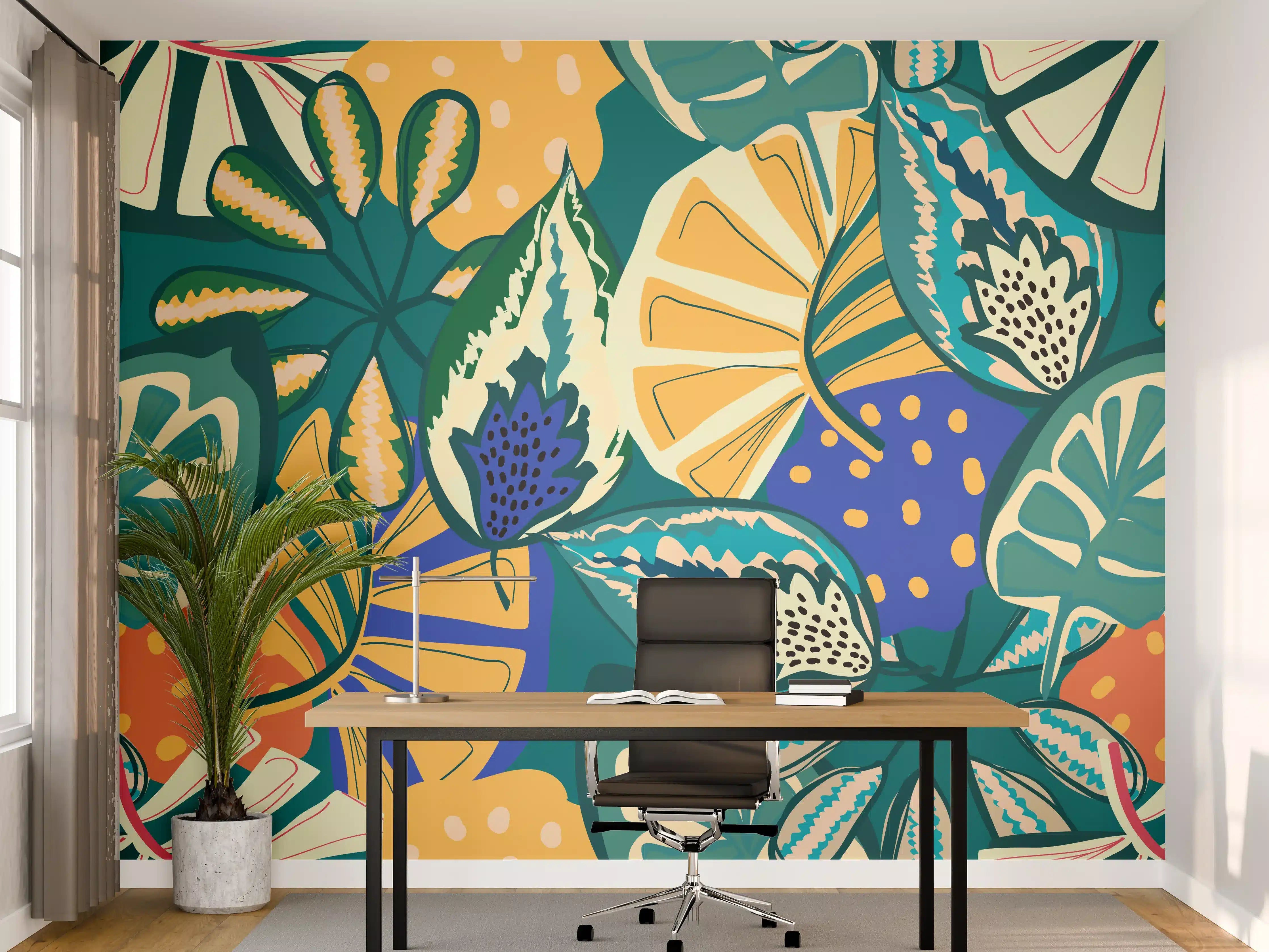 Büro Wandgestaltung - Tropisches Blumenmuster Türkis