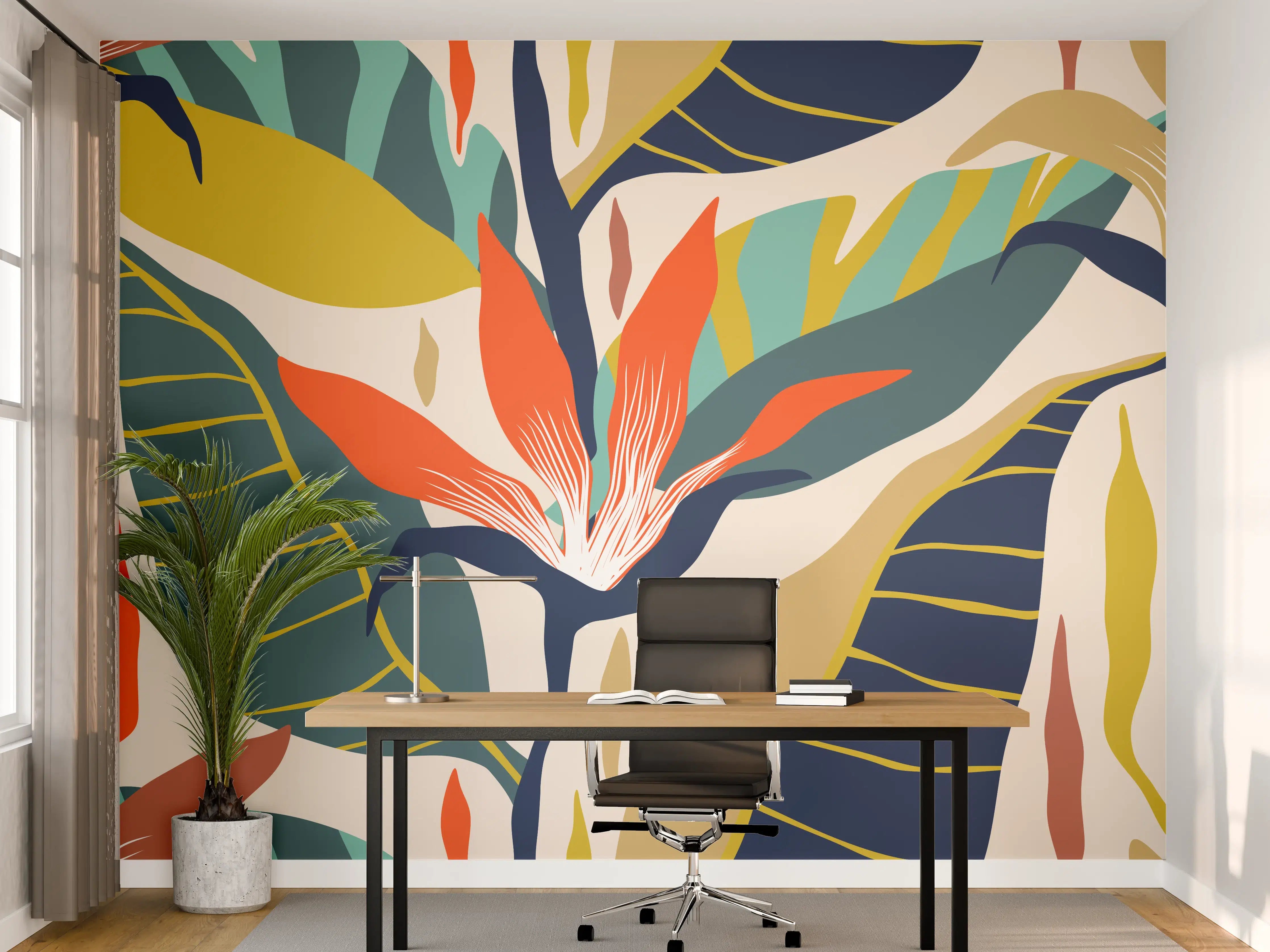 Büro Wandgestaltung - Tropisches Botanik-Muster Blau-Gelb