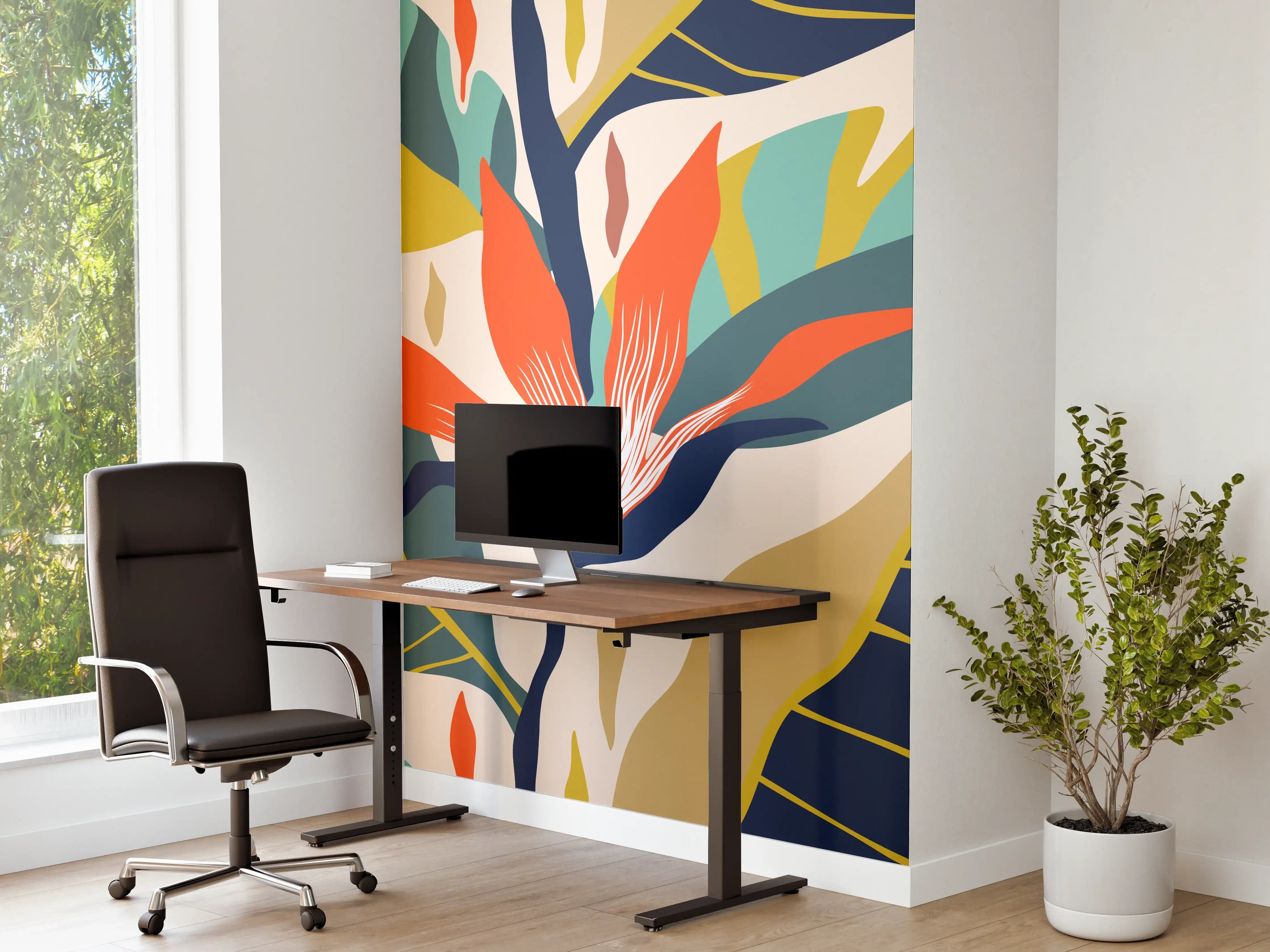 Büro Wandgestaltung - Tropisches Botanik-Muster Blau-Gelb