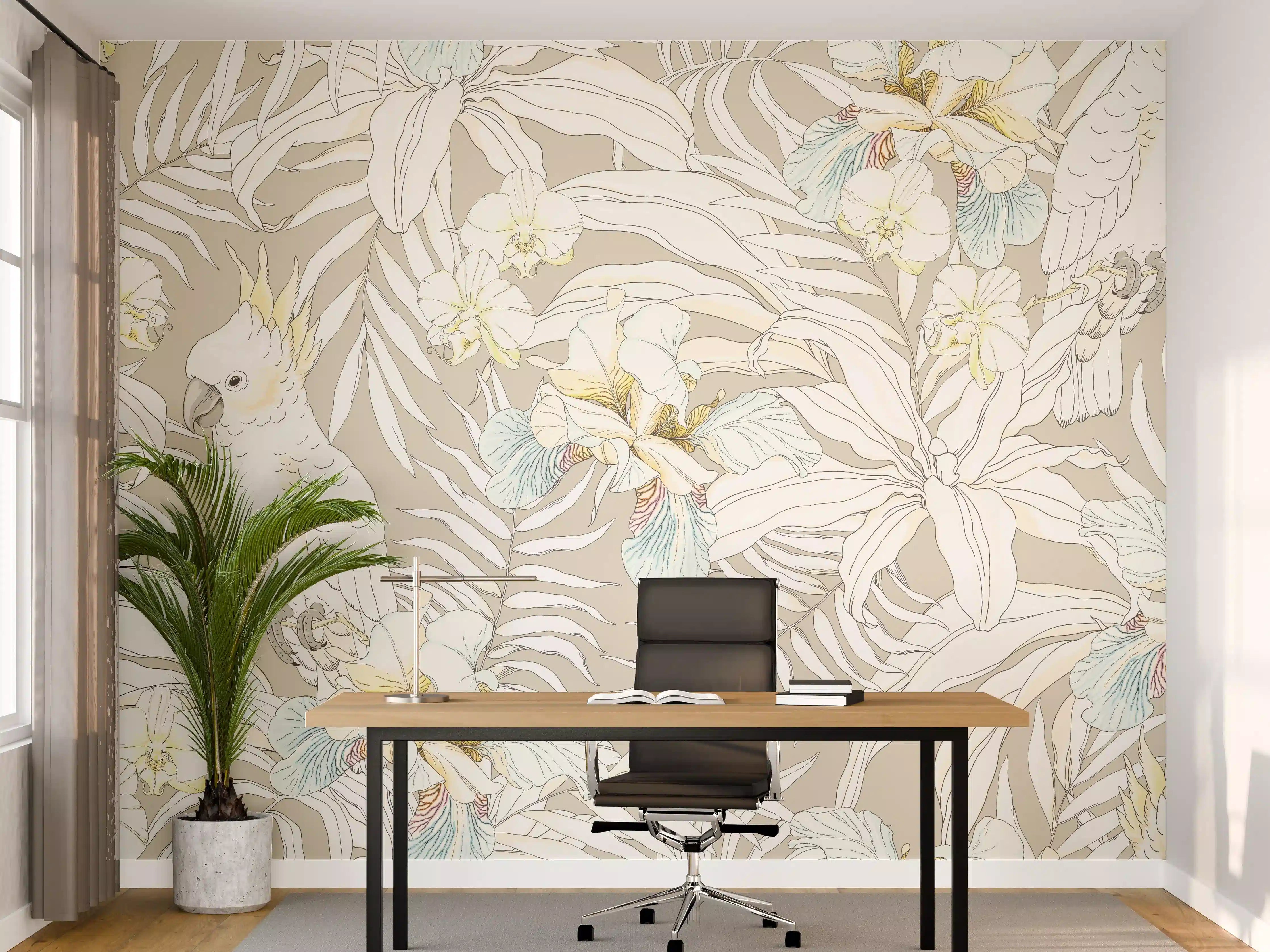 Büro Wandgestaltung - Tropisches Kakadu-Floral Muster