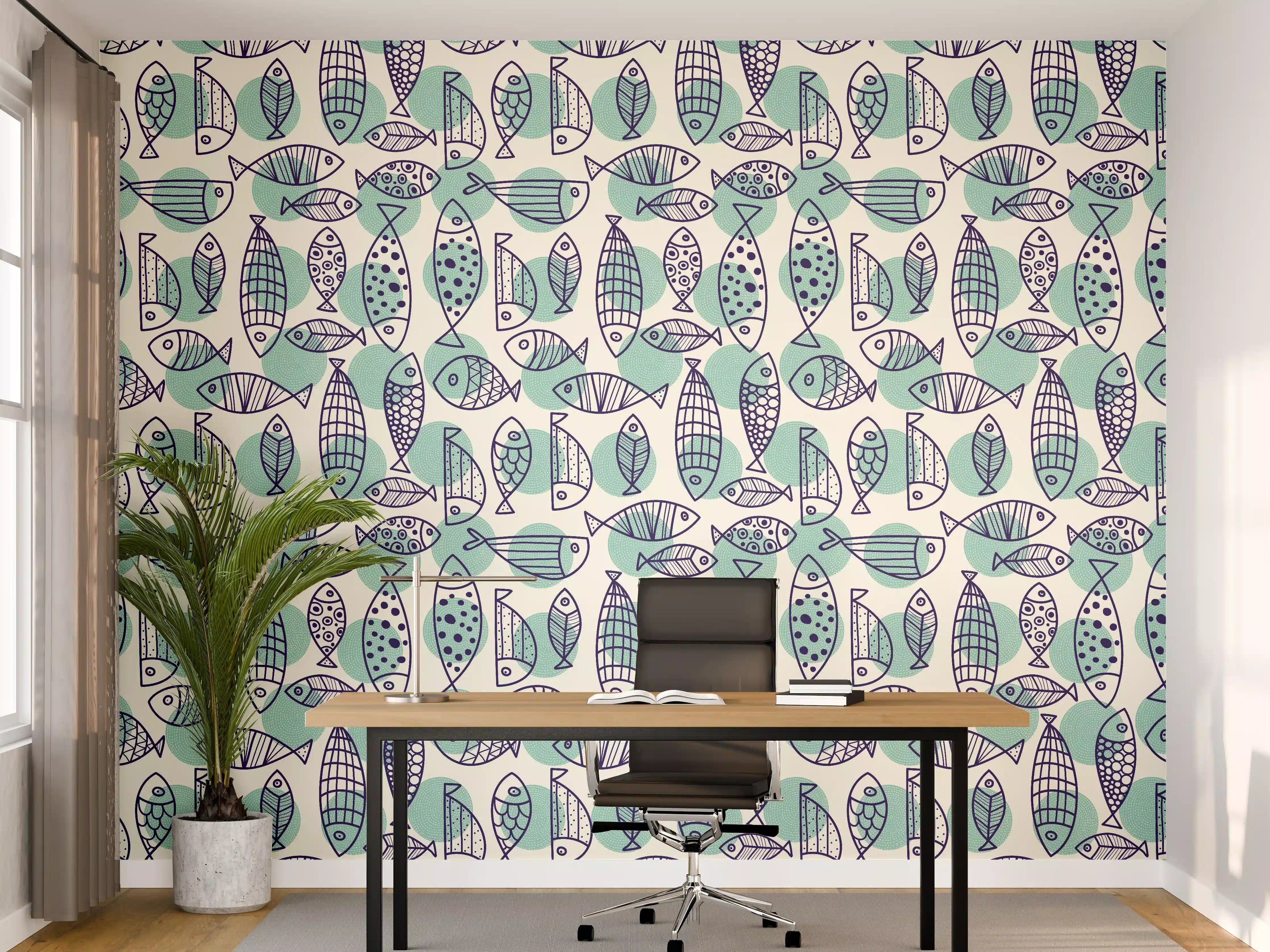 Büro Wandgestaltung - Türkis-Blau Fischmuster
