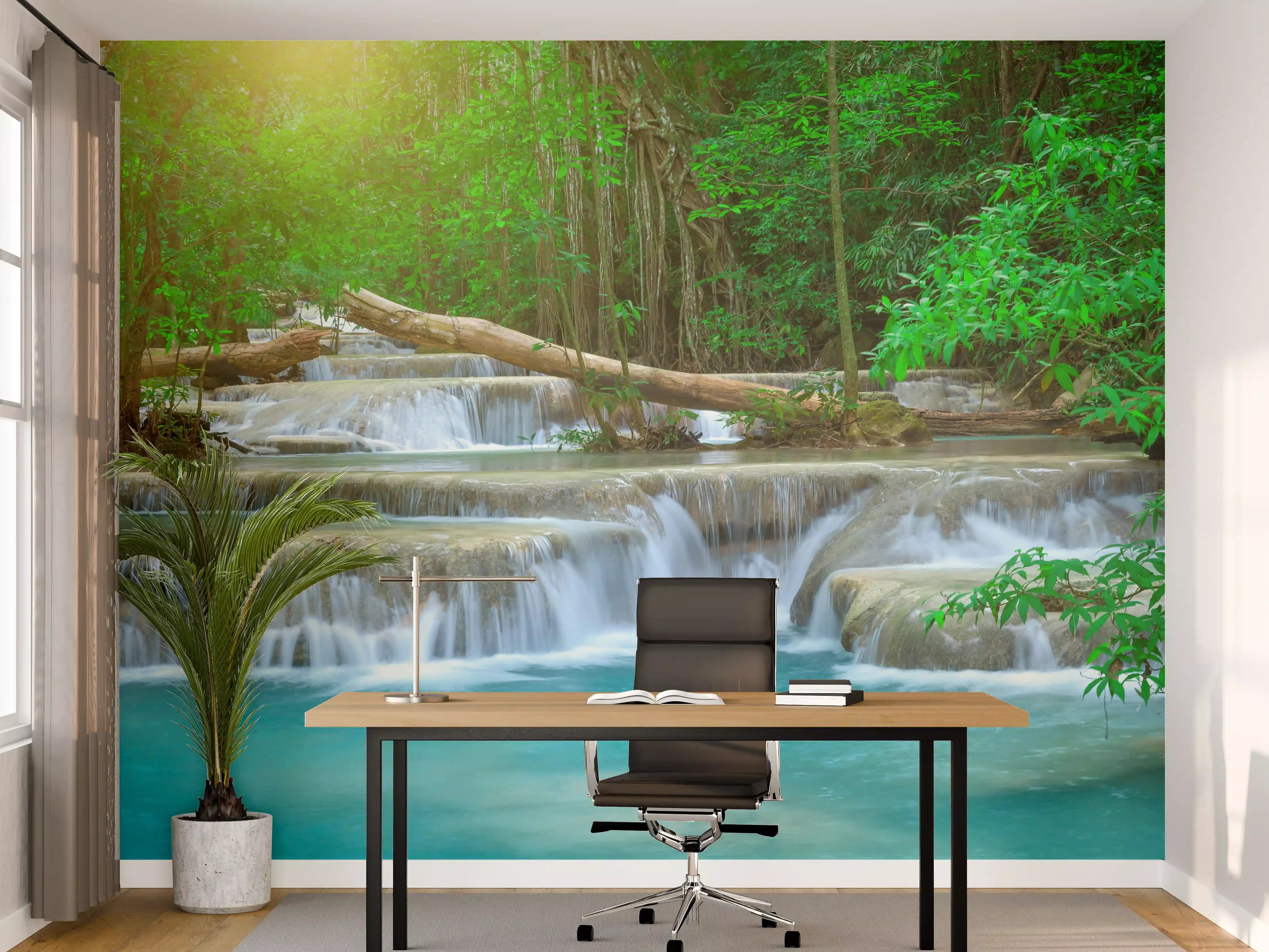 Büro Wandgestaltung - Türkis-Wasserfall im grünen Wald