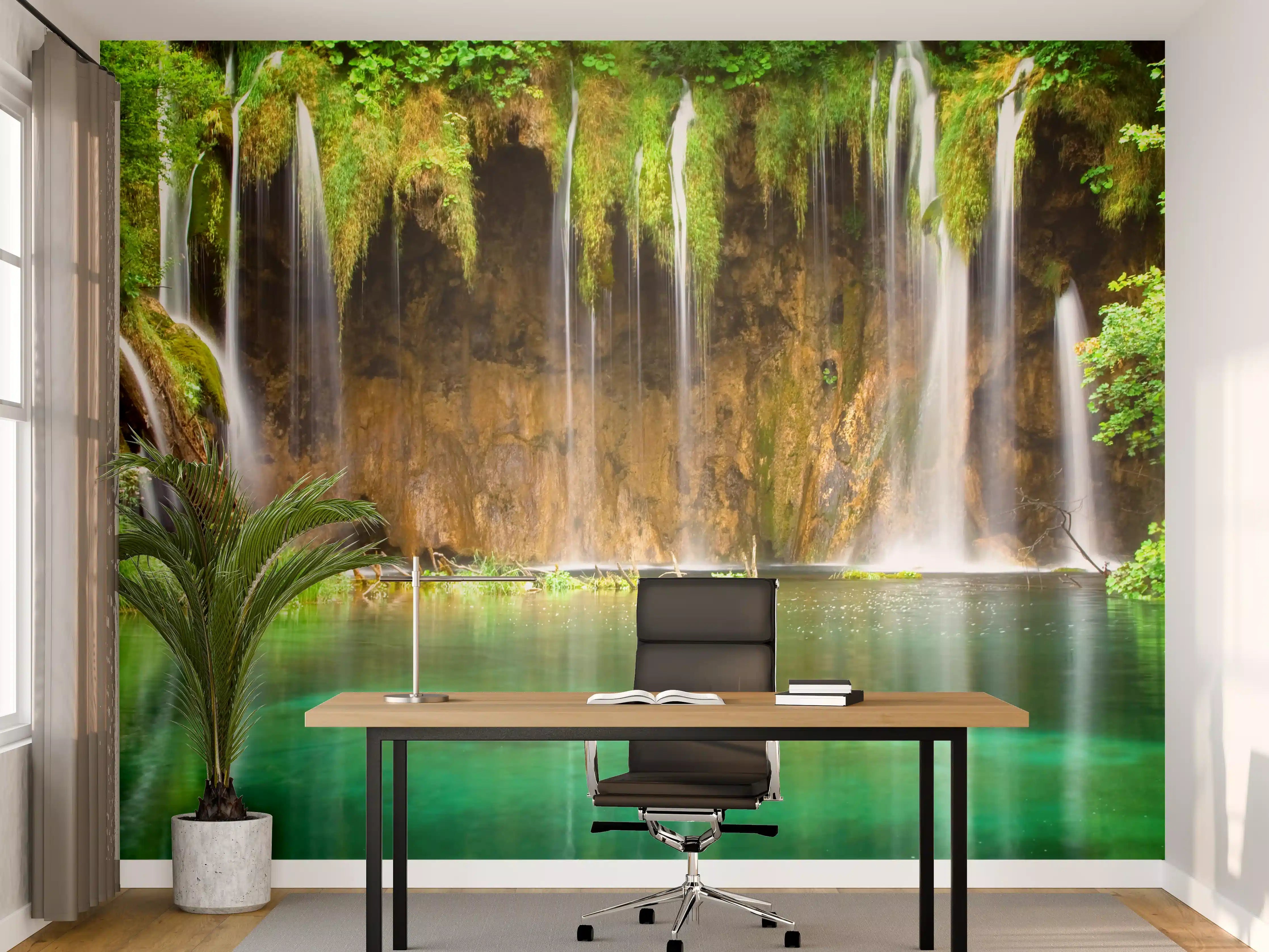 Büro Wandgestaltung - Türkisfarbener Wasserfall in grüner Natur