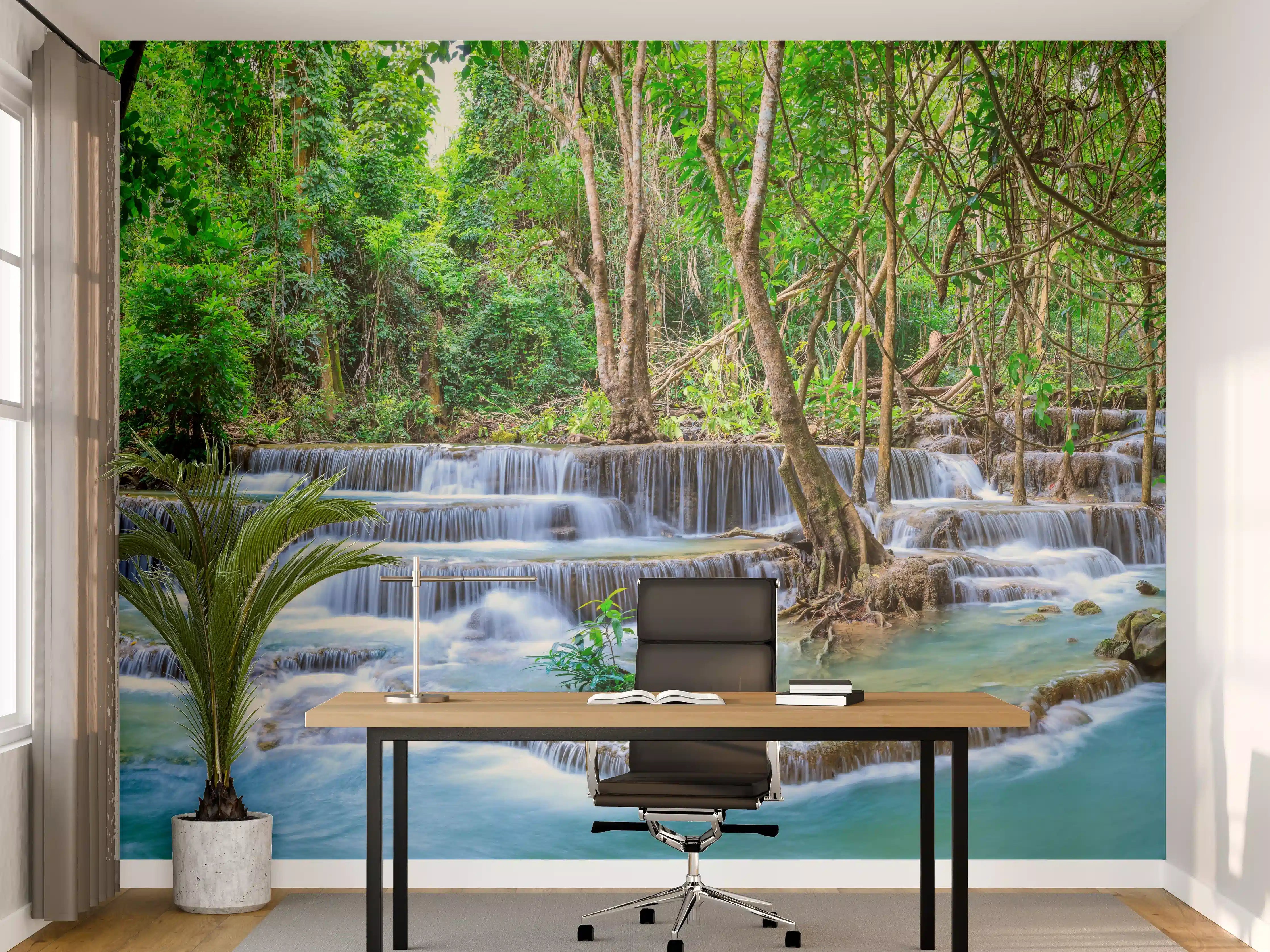 Büro Wandgestaltung - Türkisgrüner Dschungel-Wasserfall