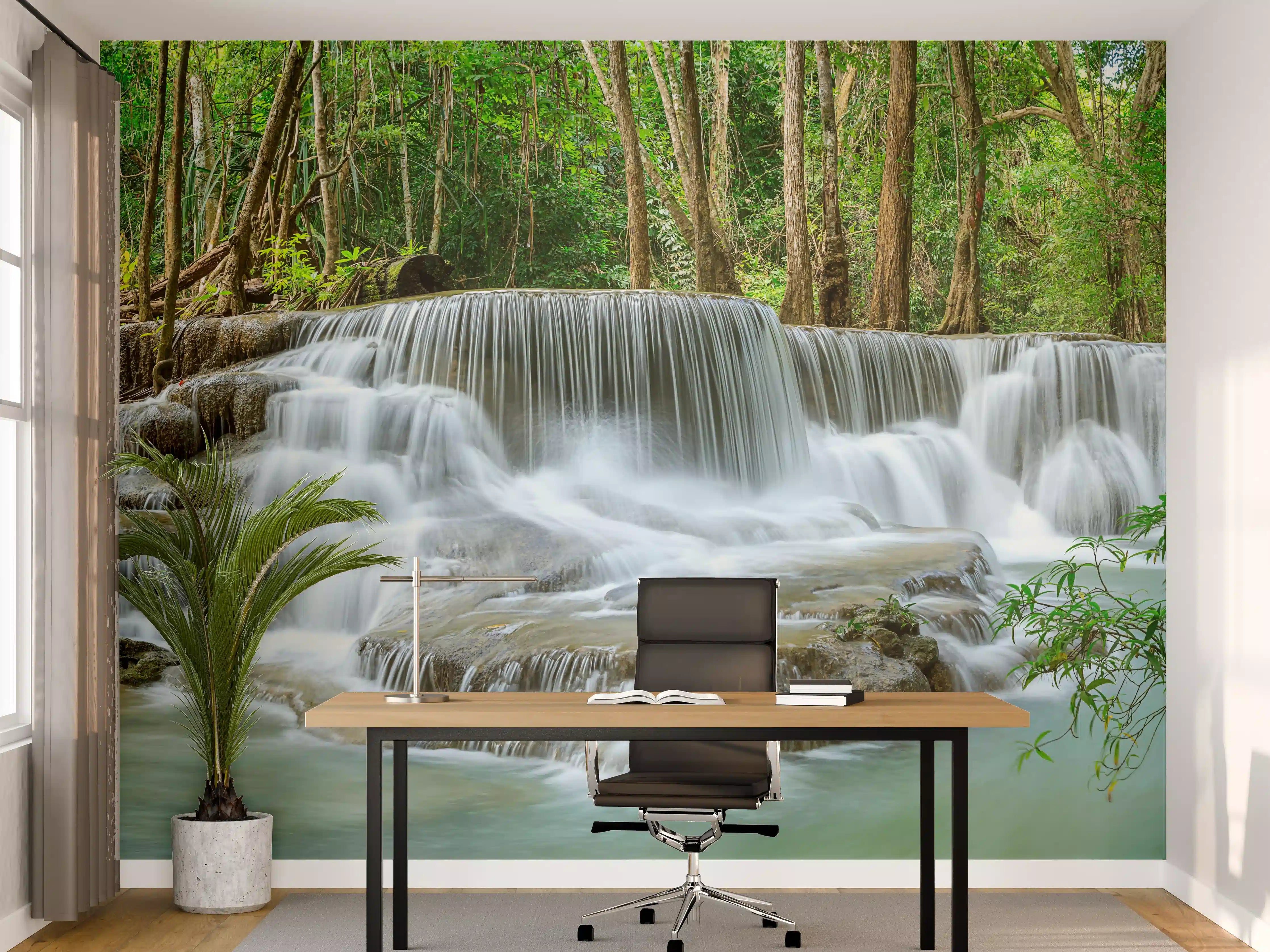Büro Wandgestaltung - Türkisgrüner Wasserfall im Wald