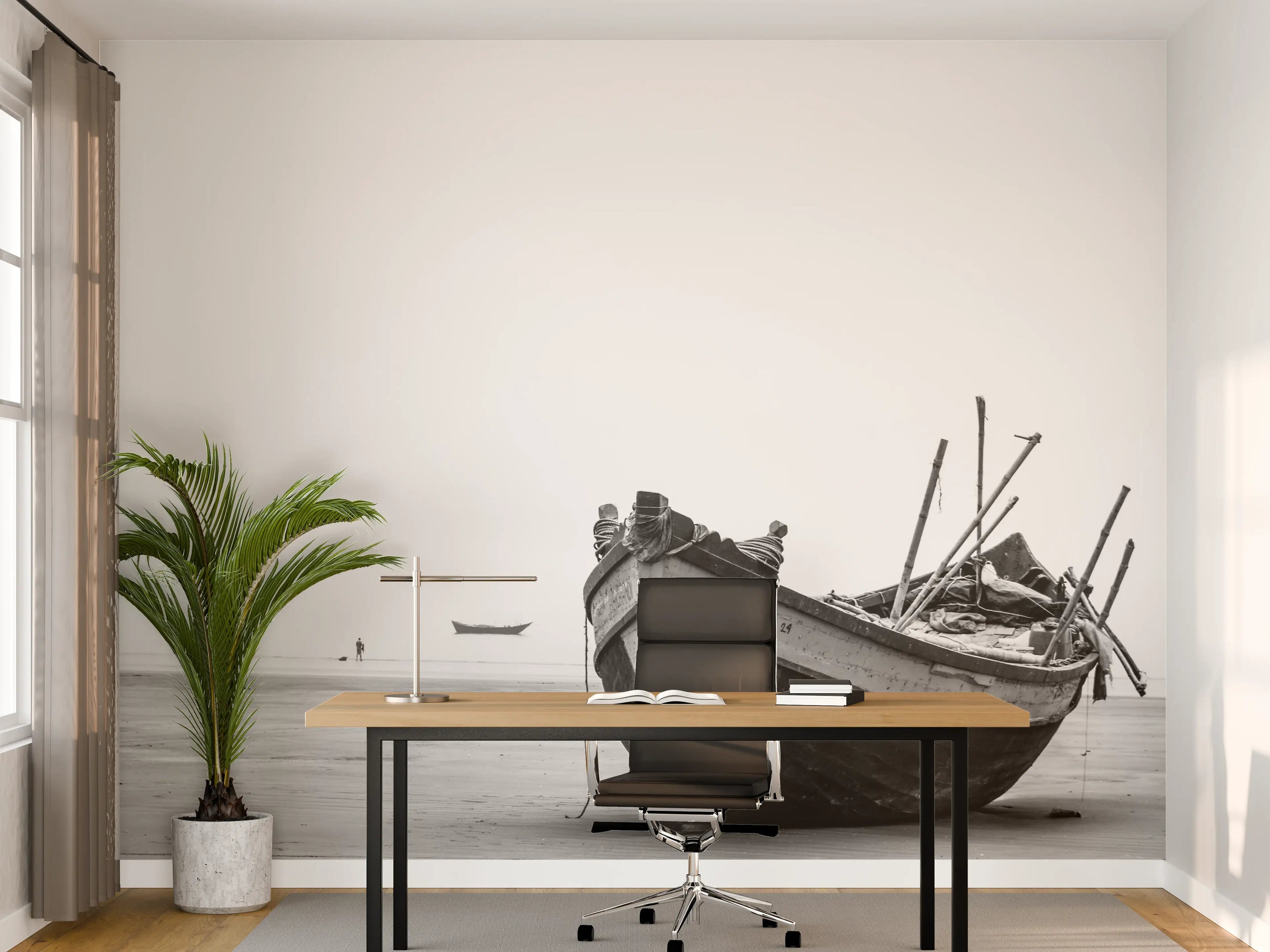 Büro Wandgestaltung - Verlassene Boot am Meer im Schwarz-Weiß-Look