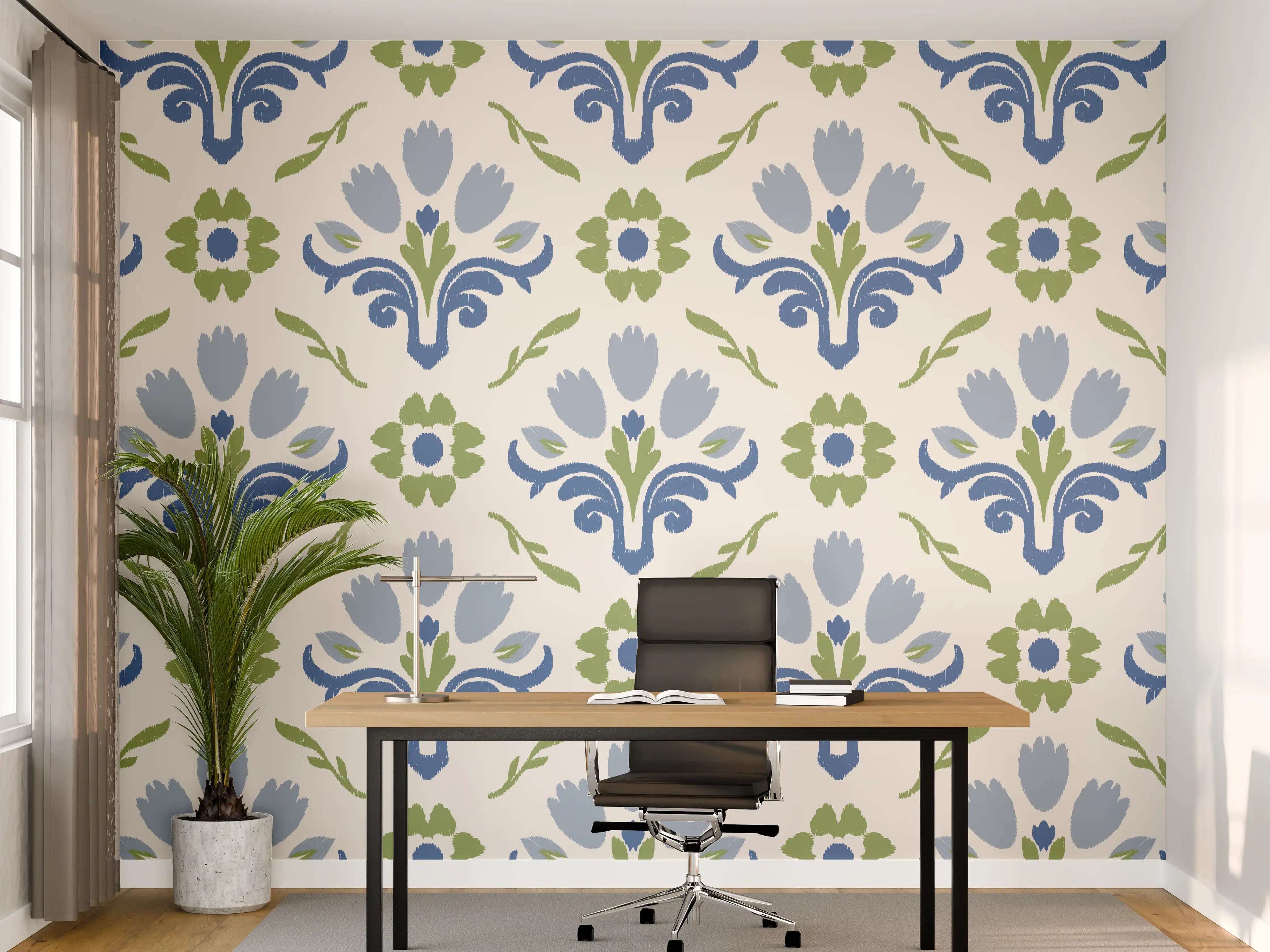 Büro Wandgestaltung - Vintage Bloom Blau-Grün Tapete
