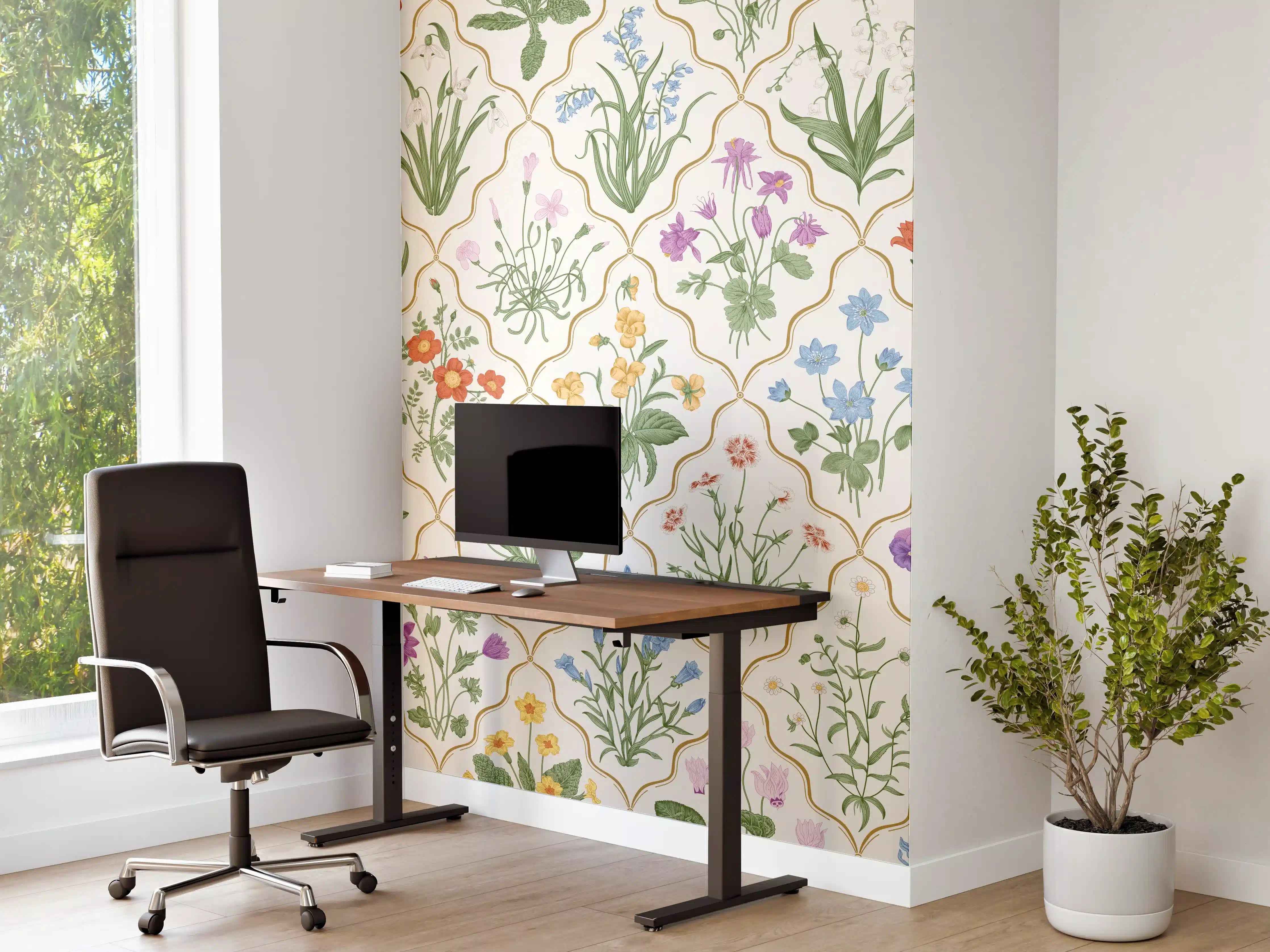 Büro Wandgestaltung - Vintage Bloom Blumen-Tapete Beige-Grün