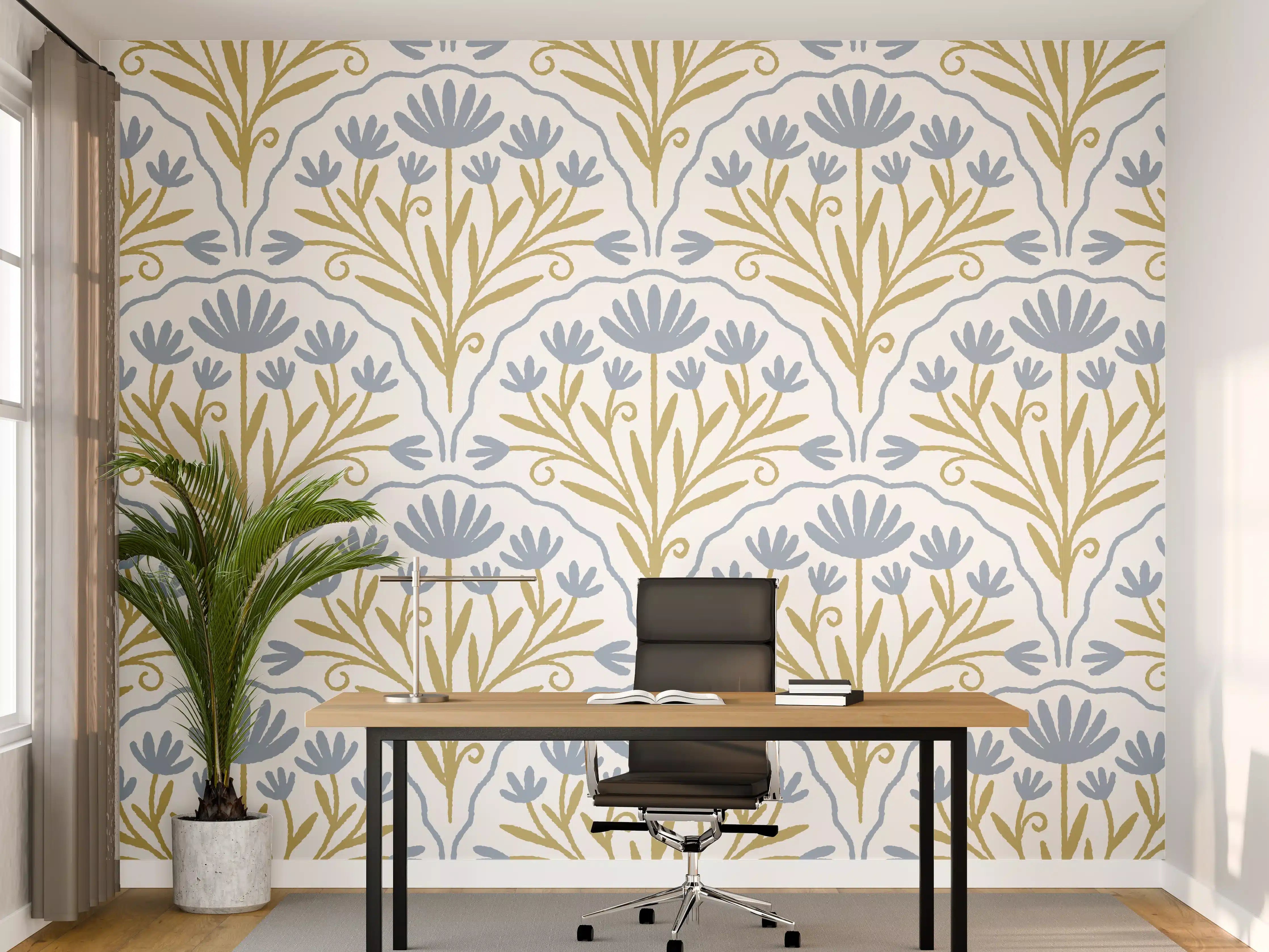 Büro Wandgestaltung - Vintage Bloom Tapete Blau-Weiß