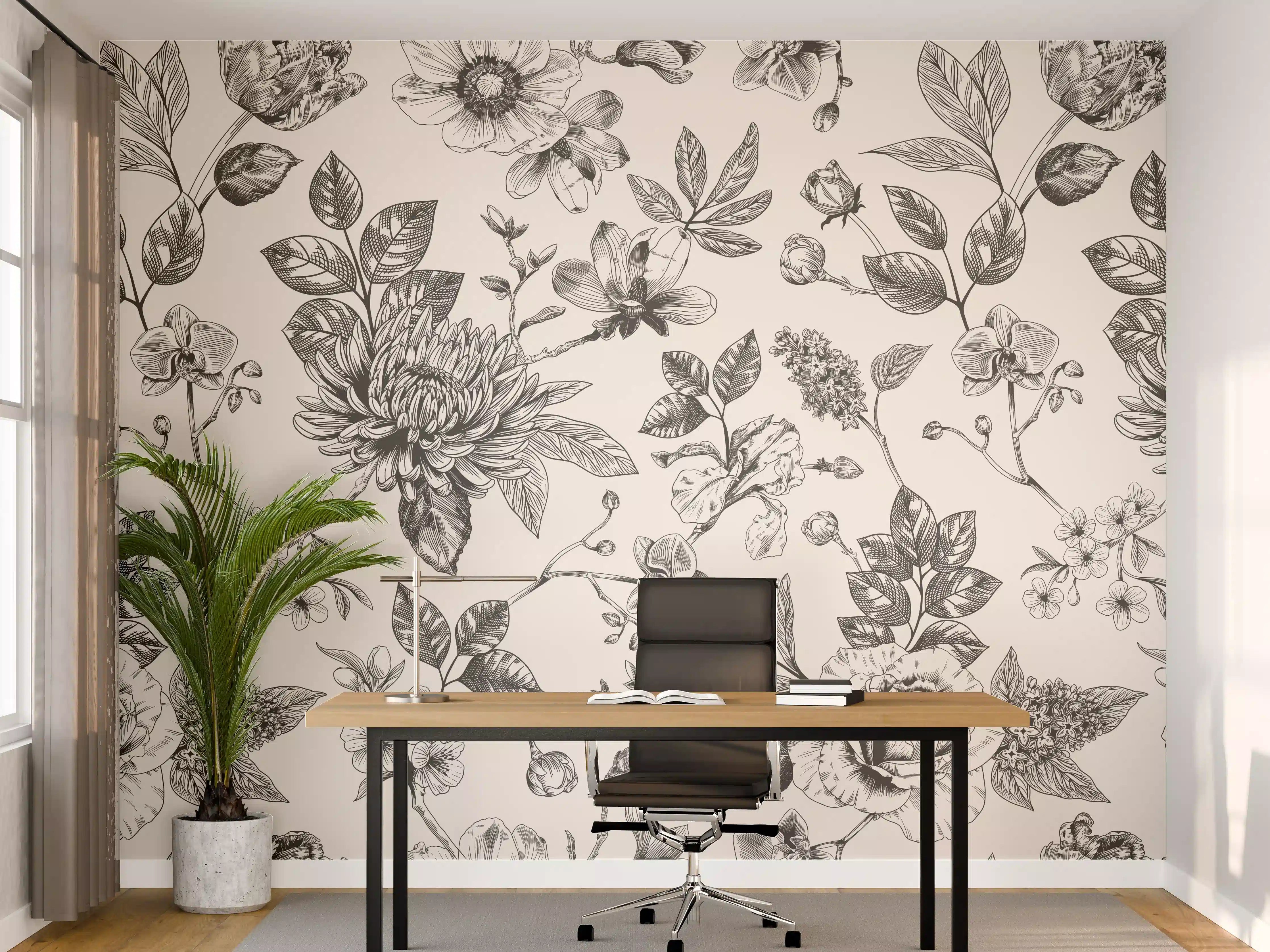 Büro Wandgestaltung - Vintage-Blumen Schwarz-Weiß