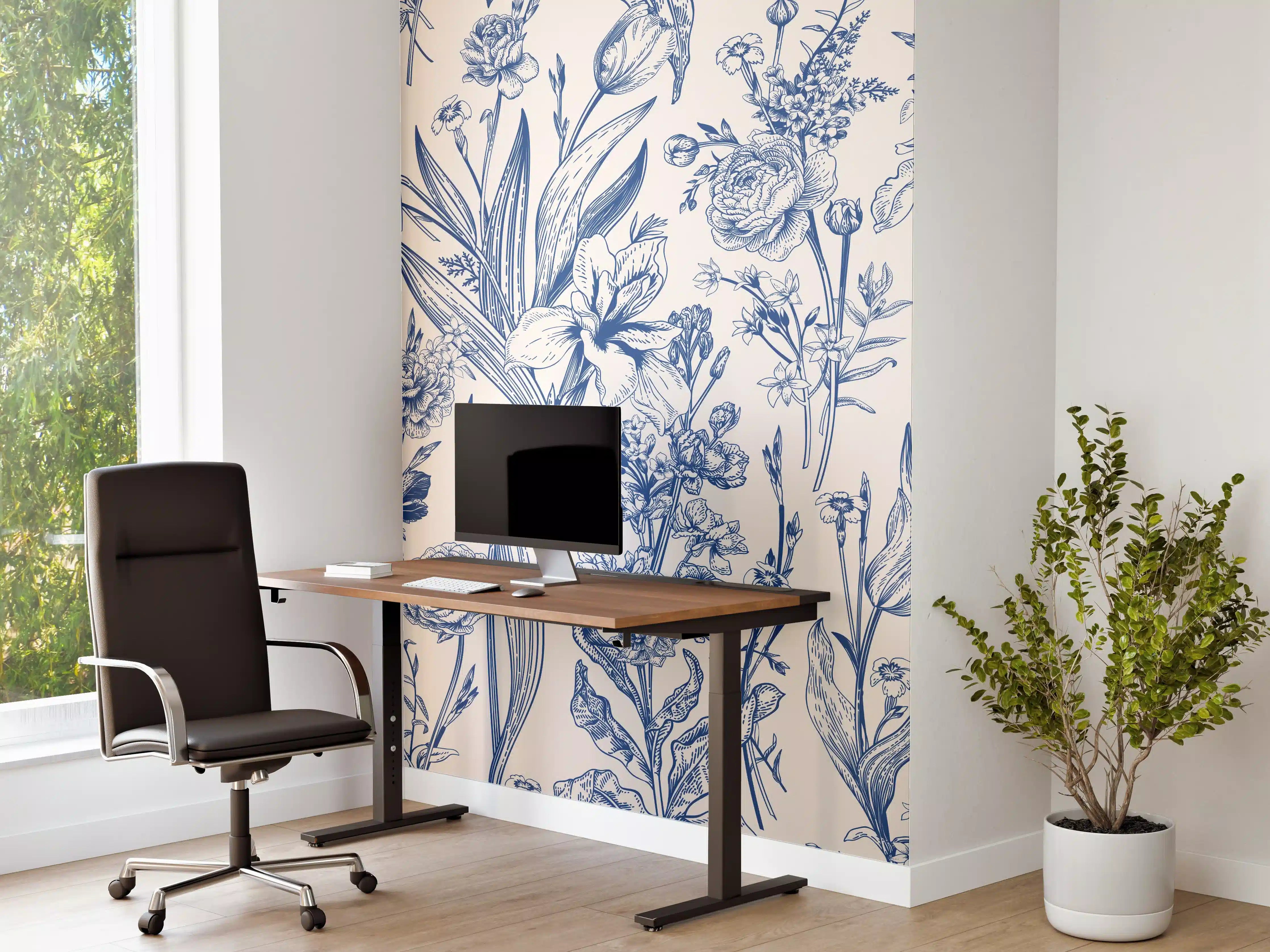 Büro Wandgestaltung - Vintage-Blumenmuster Azurblau