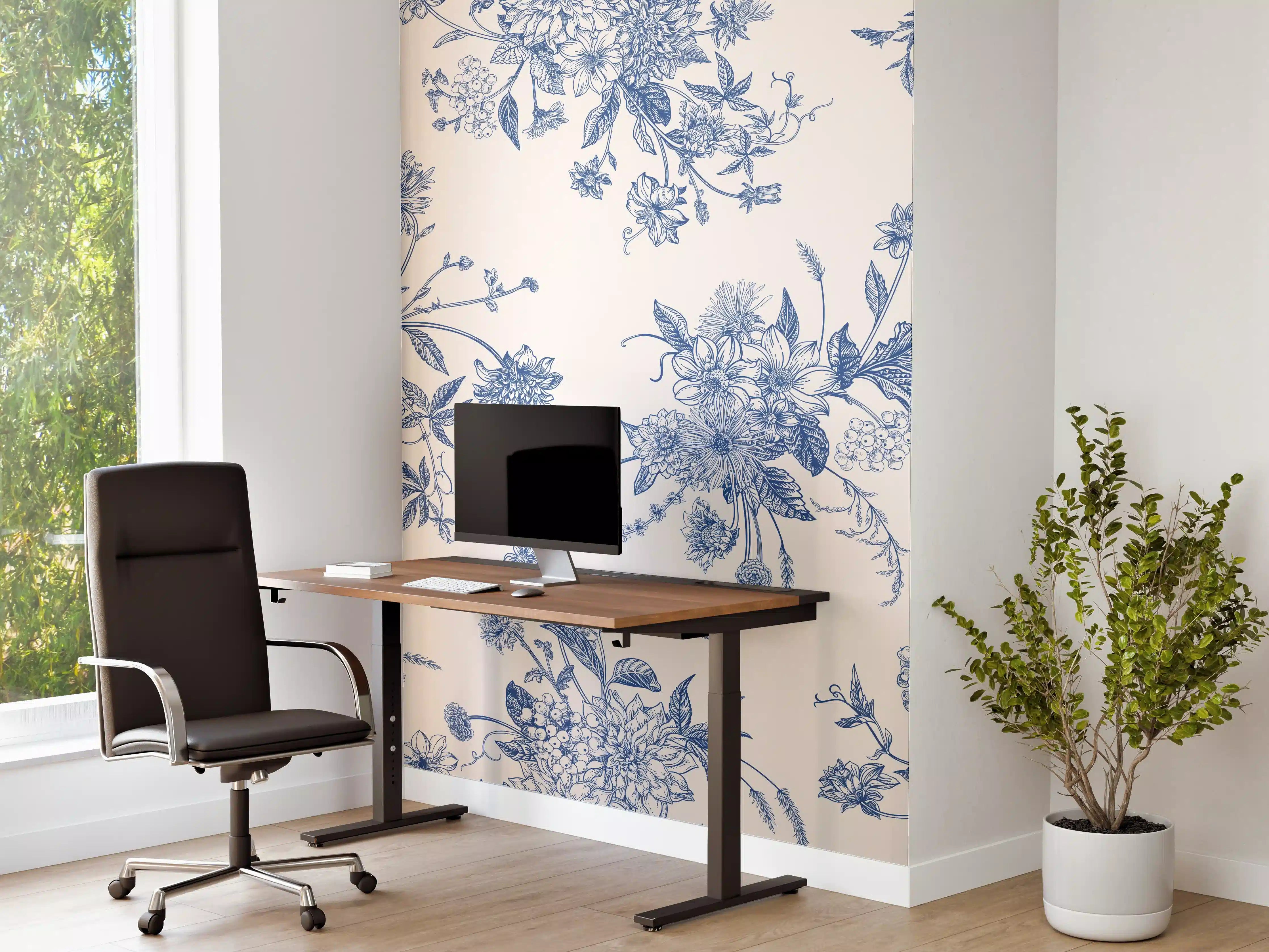 Büro Wandgestaltung - Vintage-Blumenmuster Blau-Weiß