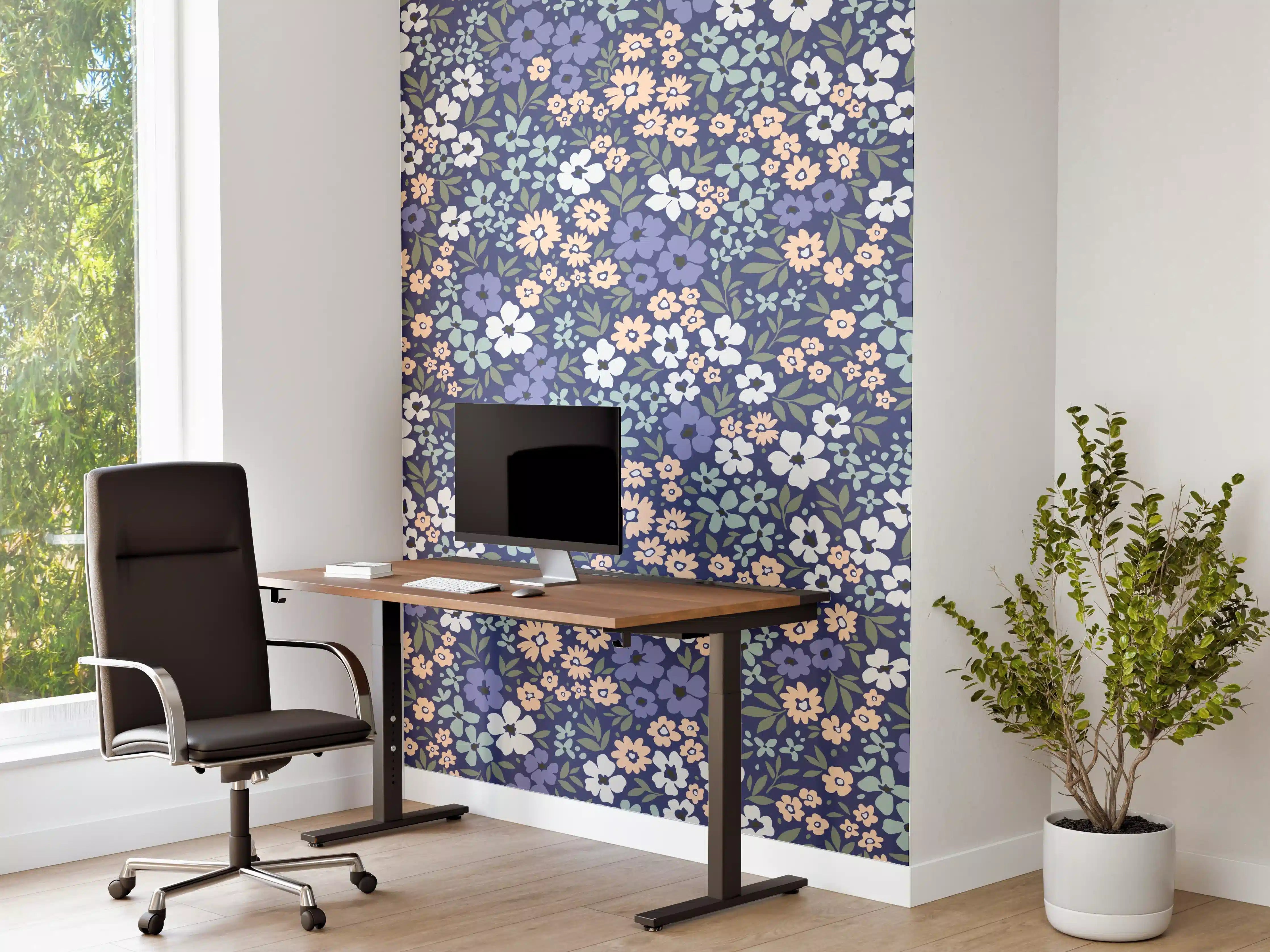 Büro Wandgestaltung - Vintage Ditsy Blumenmuster Blau