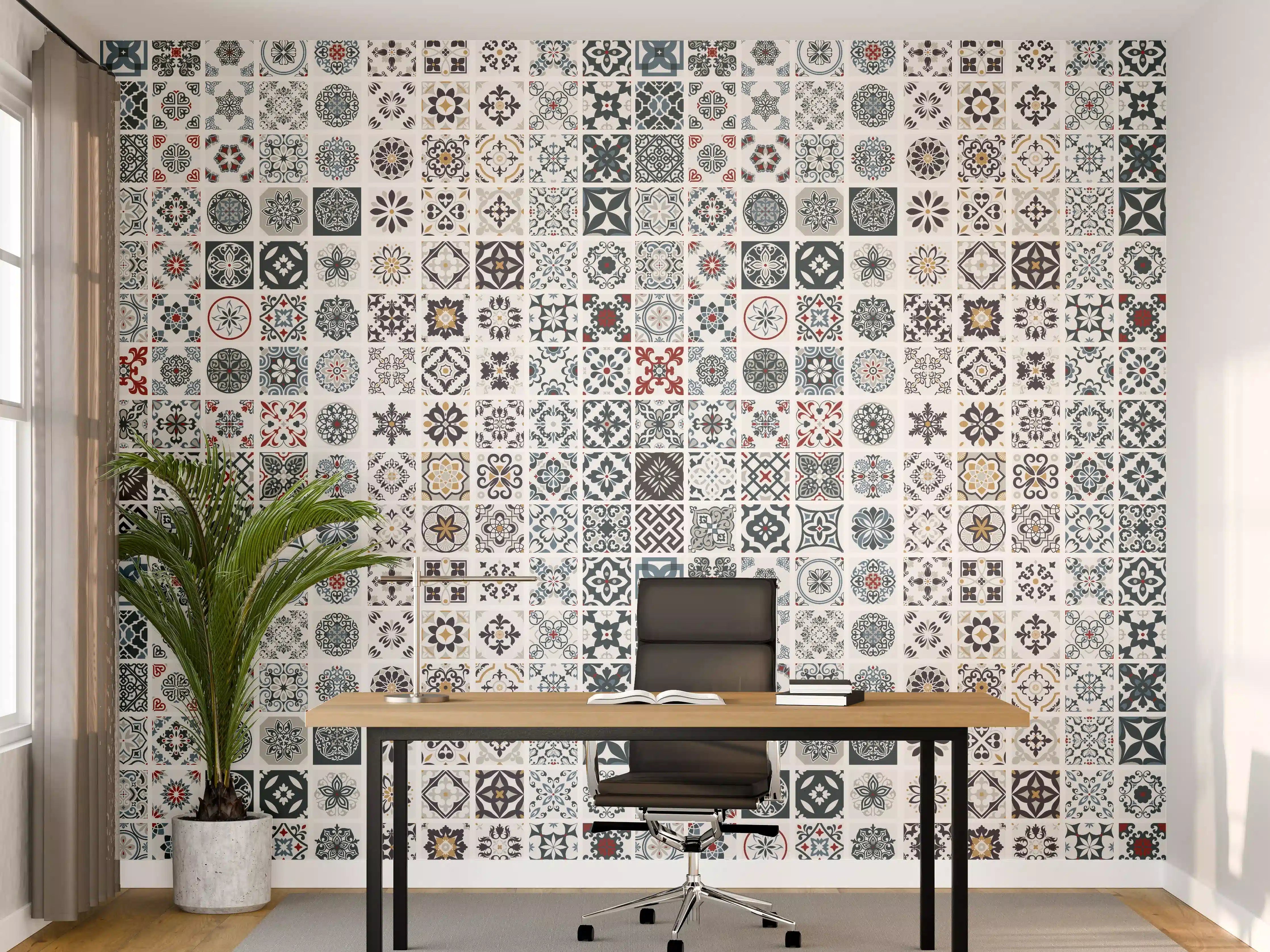 Büro Wandgestaltung - Vintage Fliesenmuster Grau-Weiß