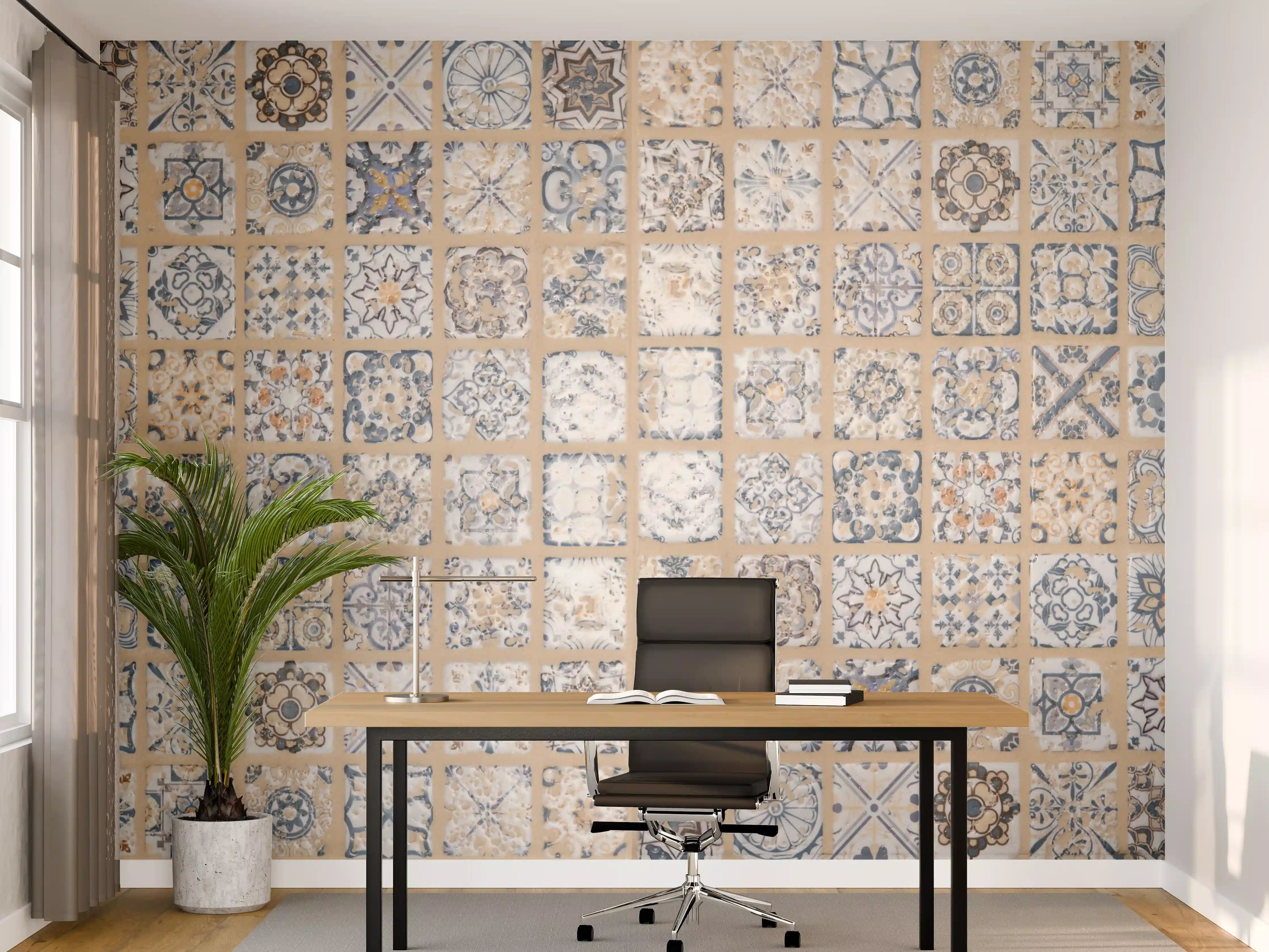 Büro Wandgestaltung - Vintage-Fliesenmuster in Blau und Beige