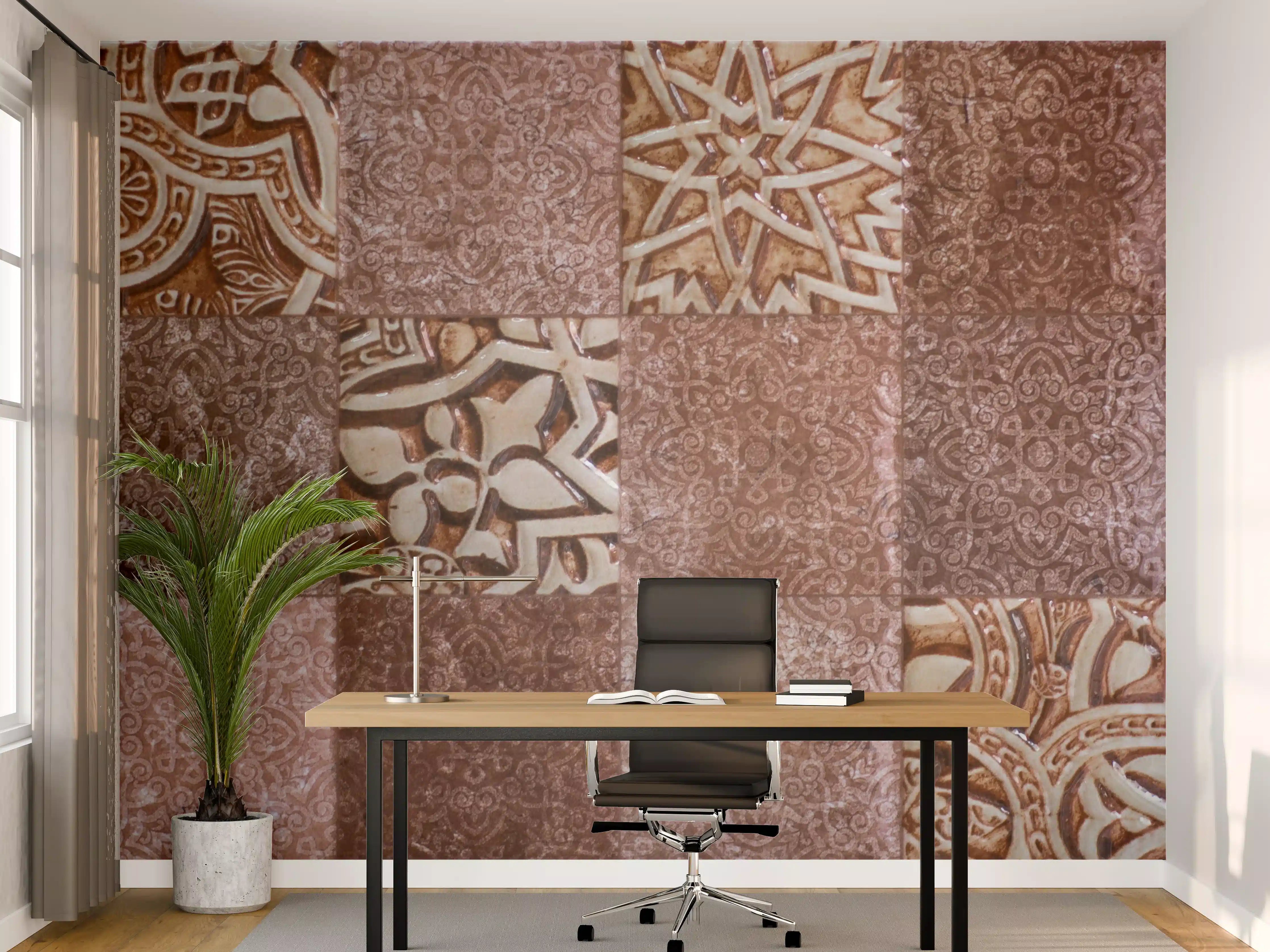 Büro Wandgestaltung - Vintage-Fliesenmuster in warmen Erdtönen