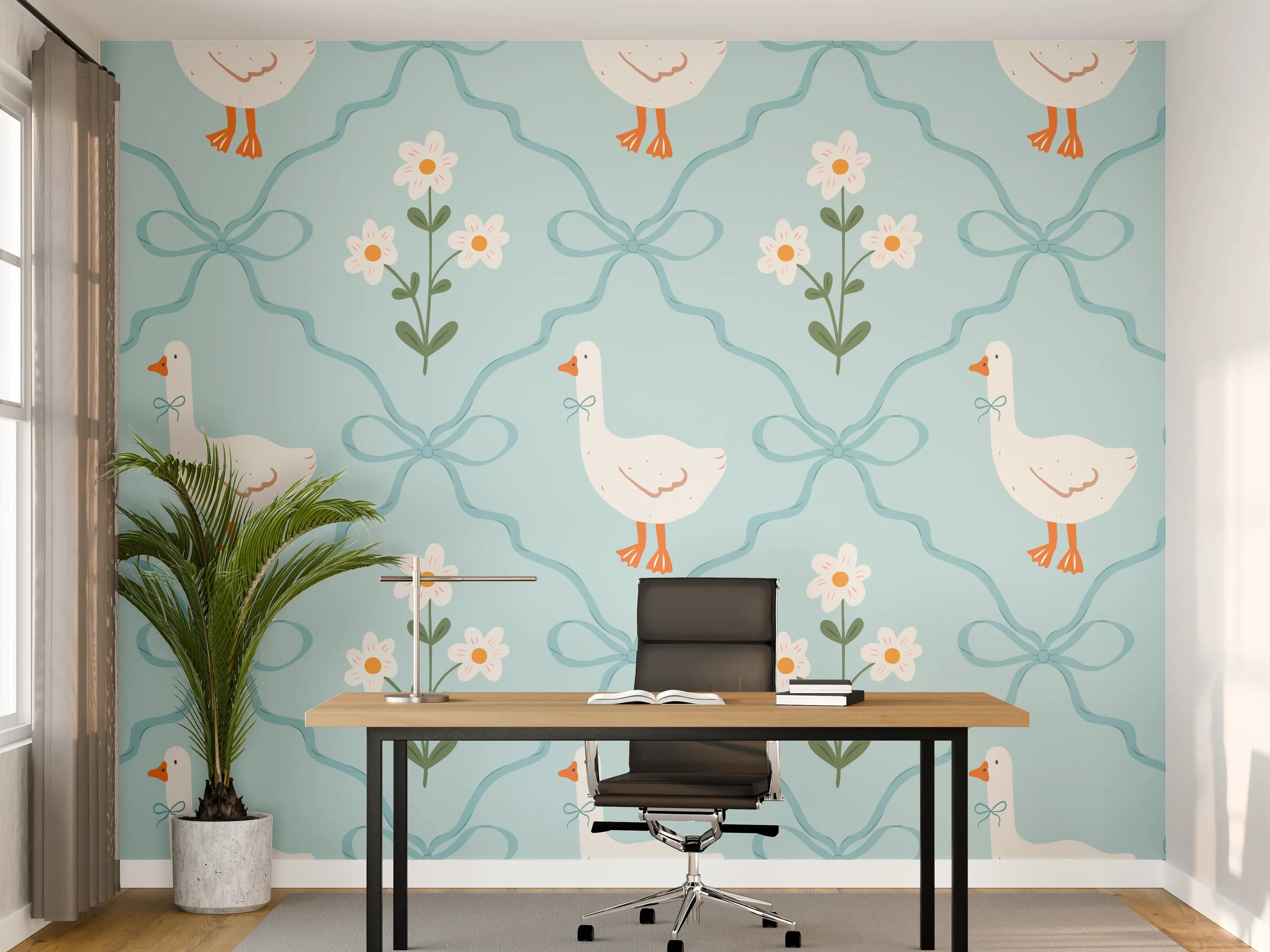 Büro Wandgestaltung - Vintage Gänse Tapete Türkis