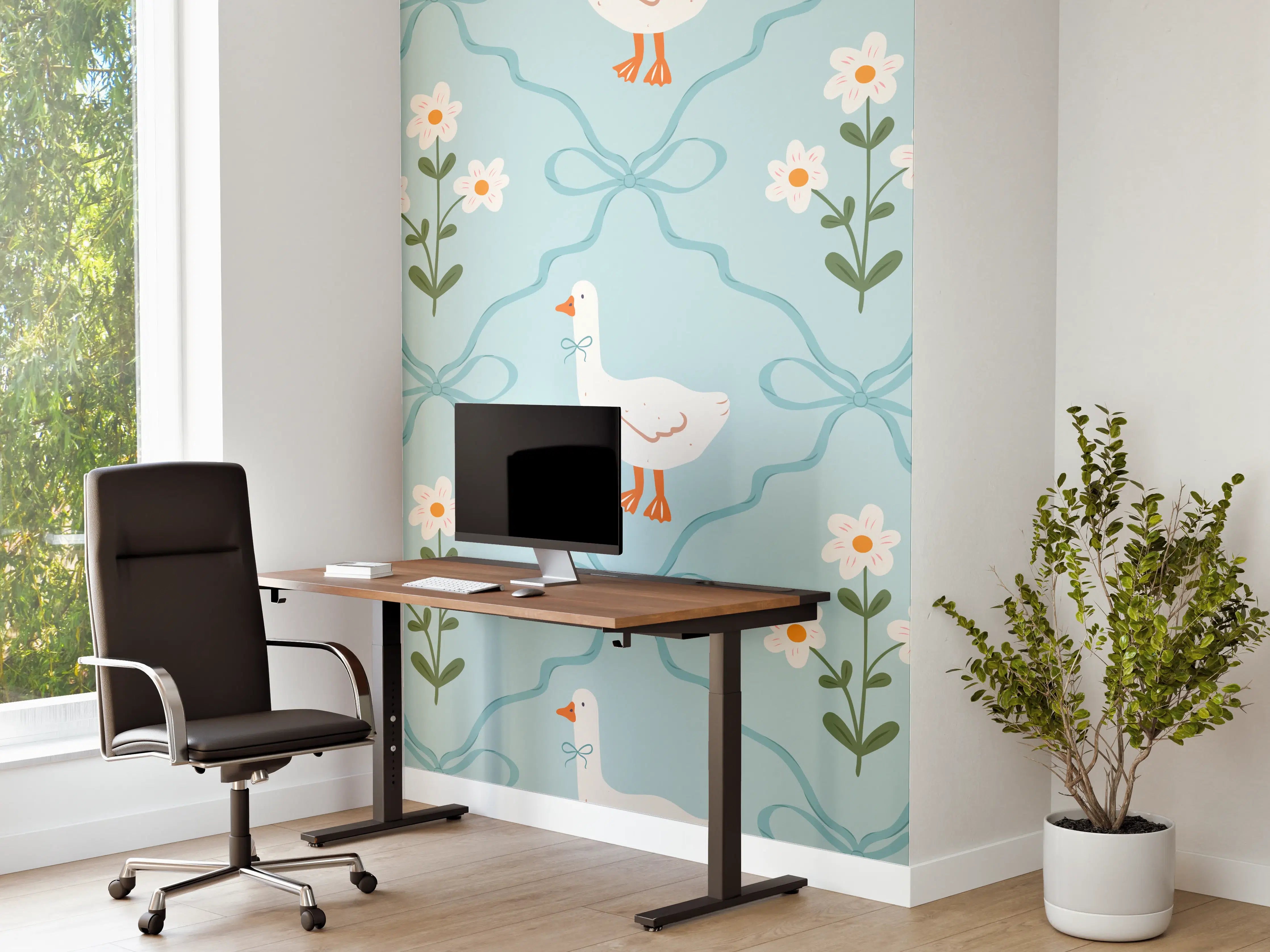 Büro Wandgestaltung - Vintage Gänse Tapete Türkis