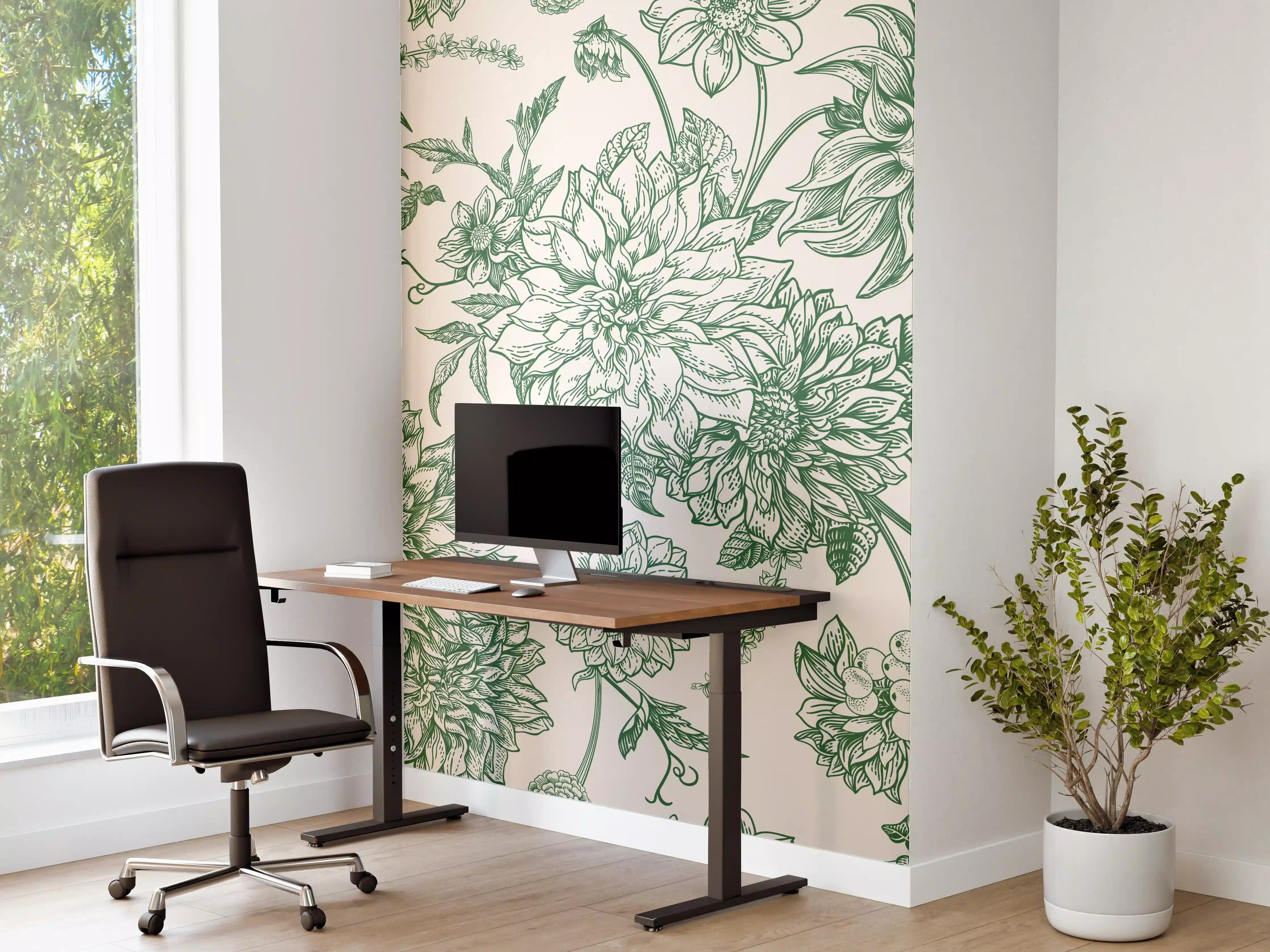Büro Wandgestaltung - Vintage Grün Blumen Lineart