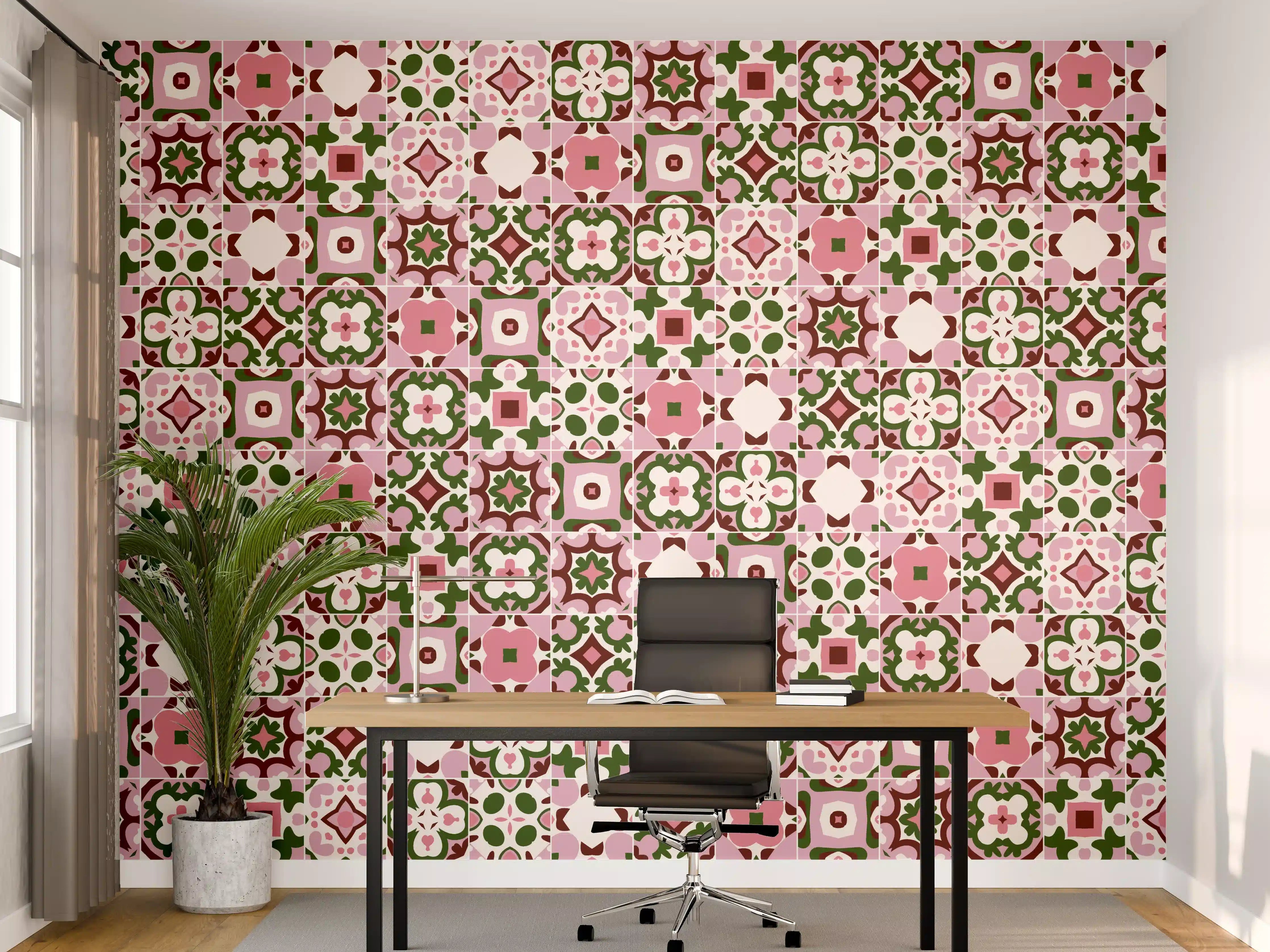Büro Wandgestaltung - Vintage-Muster in Rosa und Grün