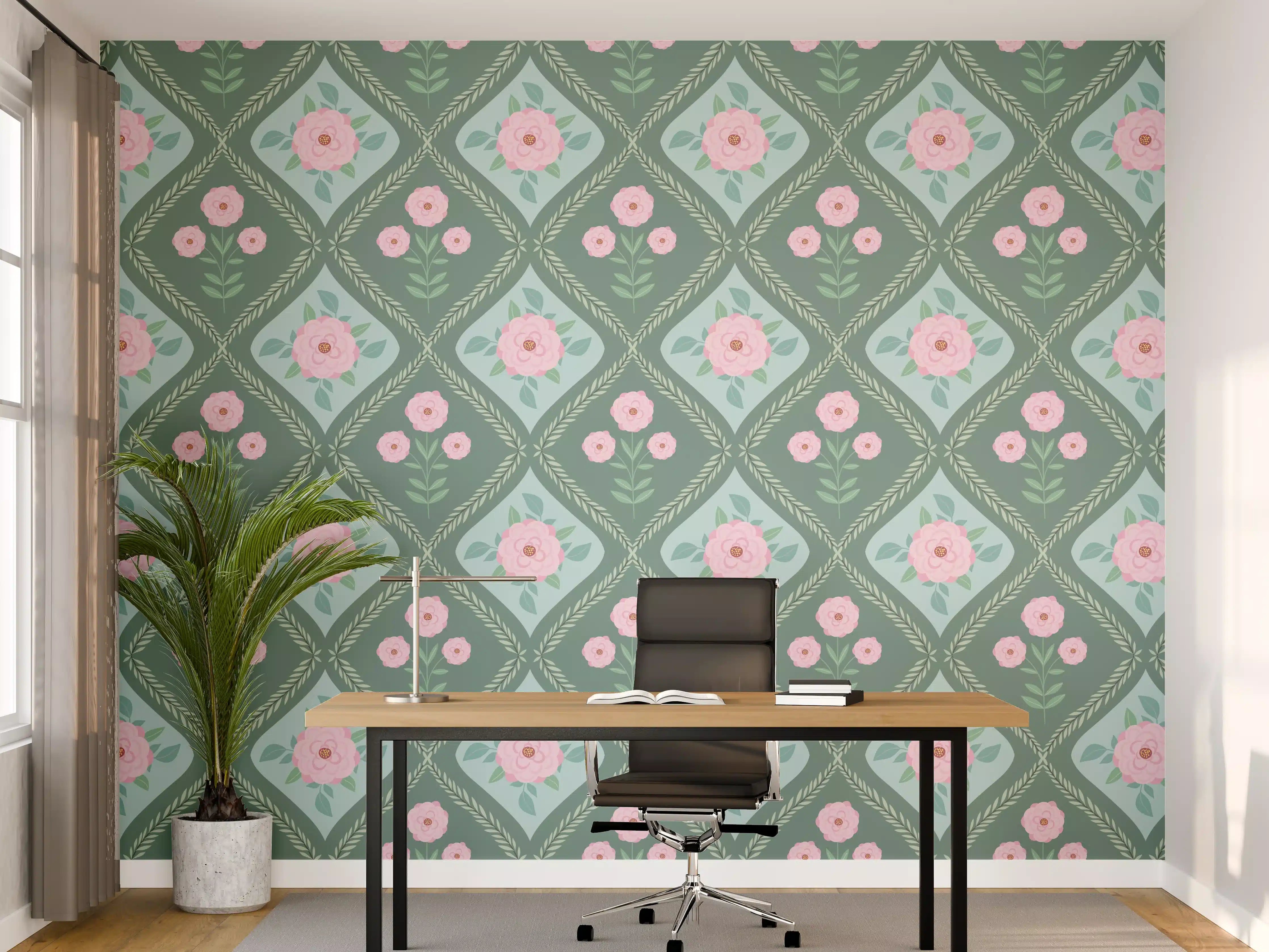 Büro Wandgestaltung - Vintage Rosen Tapete Grün-Rosa