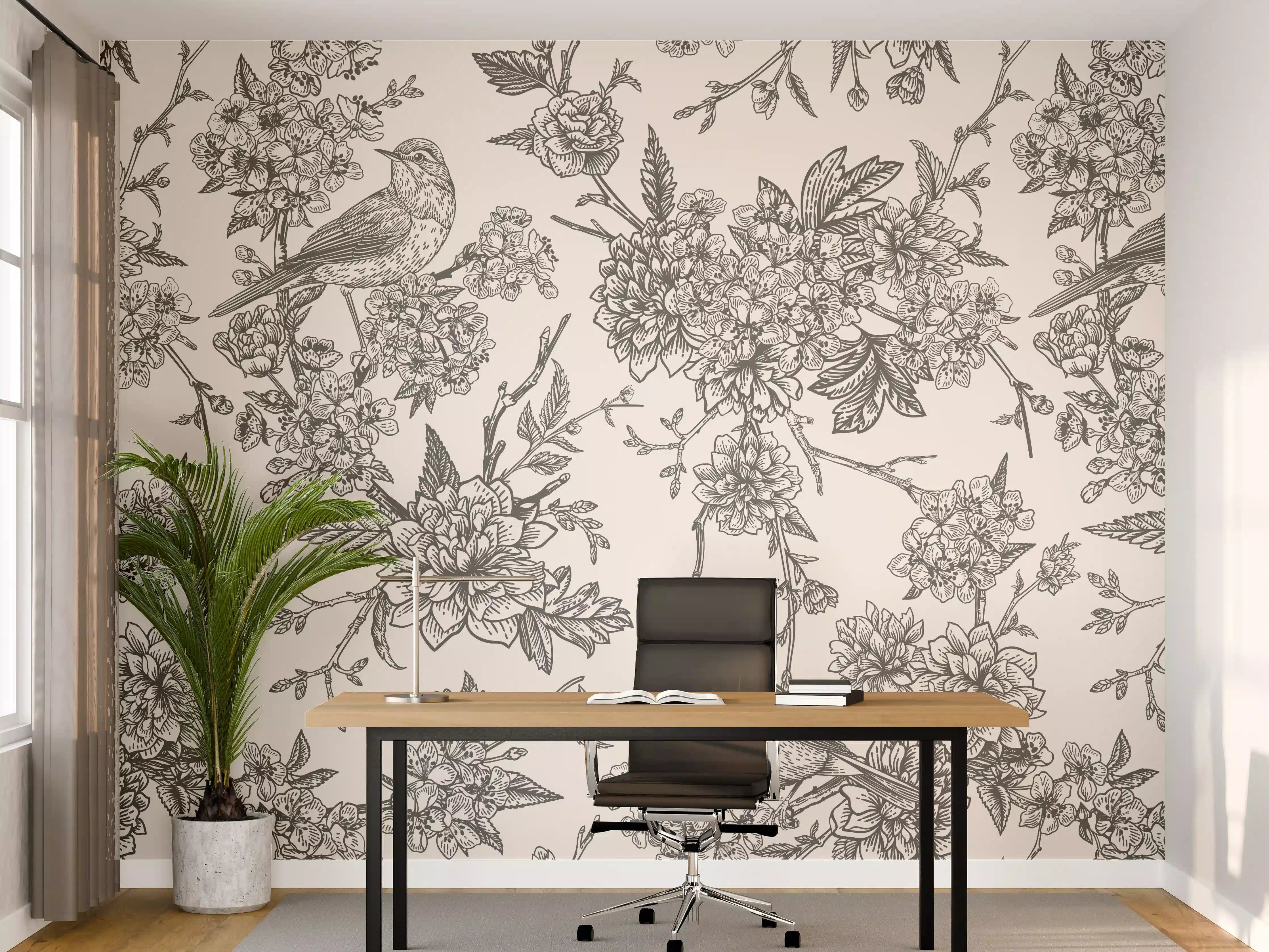Büro Wandgestaltung - Vintage Schwarzweiß Blumenmuster
